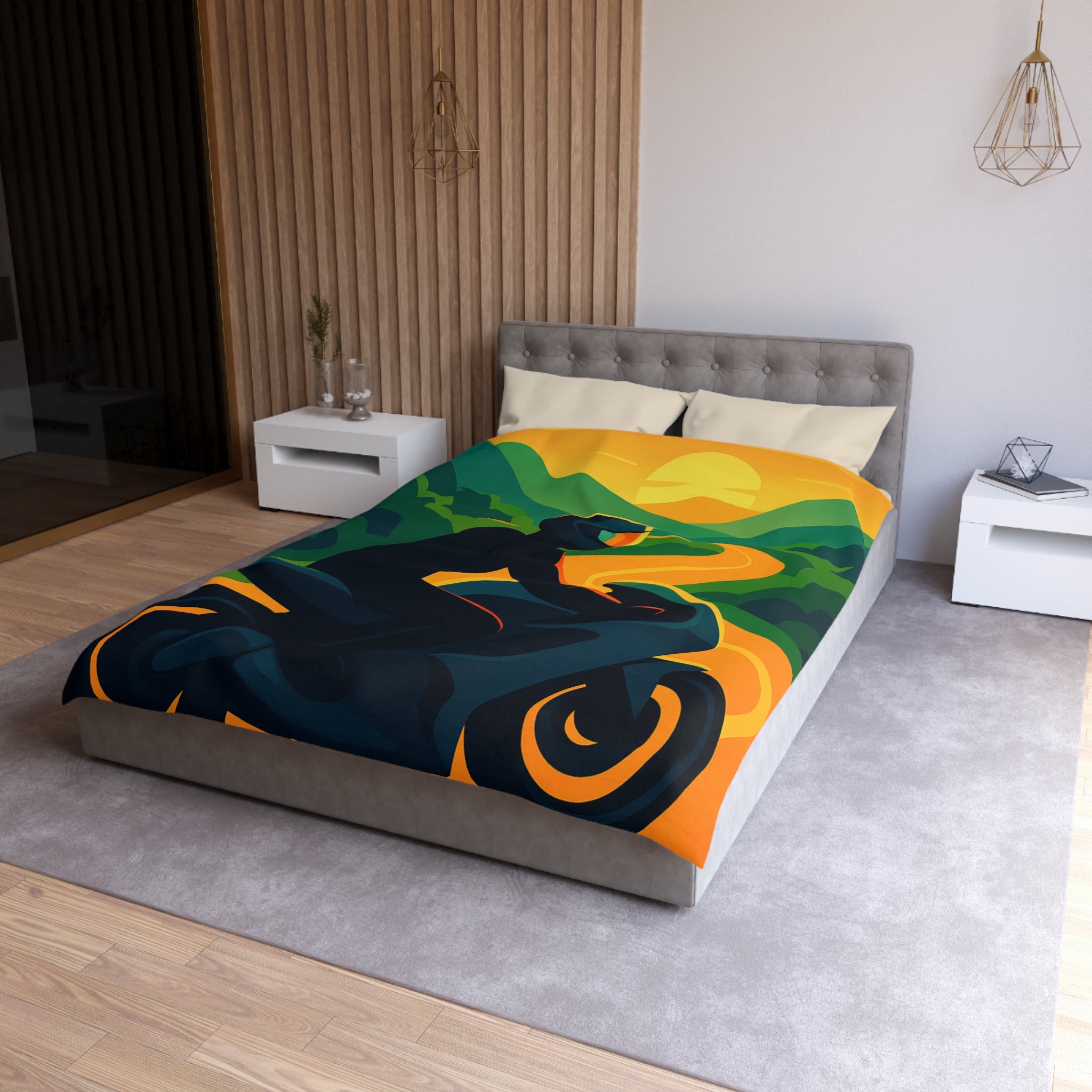 Housse de couette moto route sinueuse coucher de soleil horizon montagne vibrante