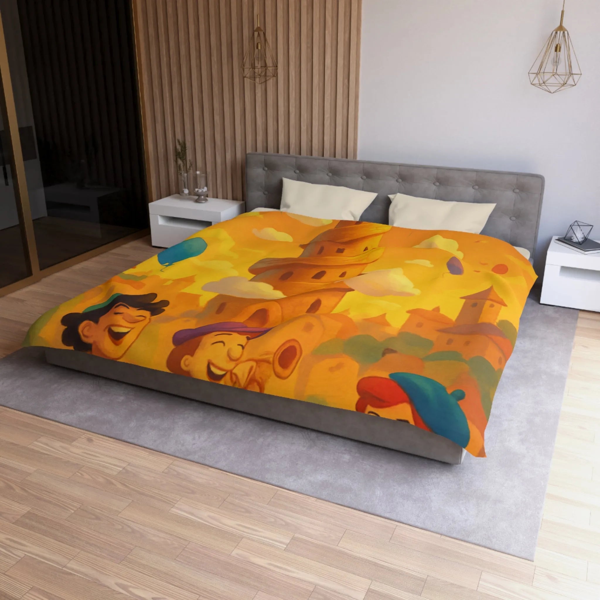Housse de couette colorée imprimée d'une scène joyeuse avec tours et ballons pastel