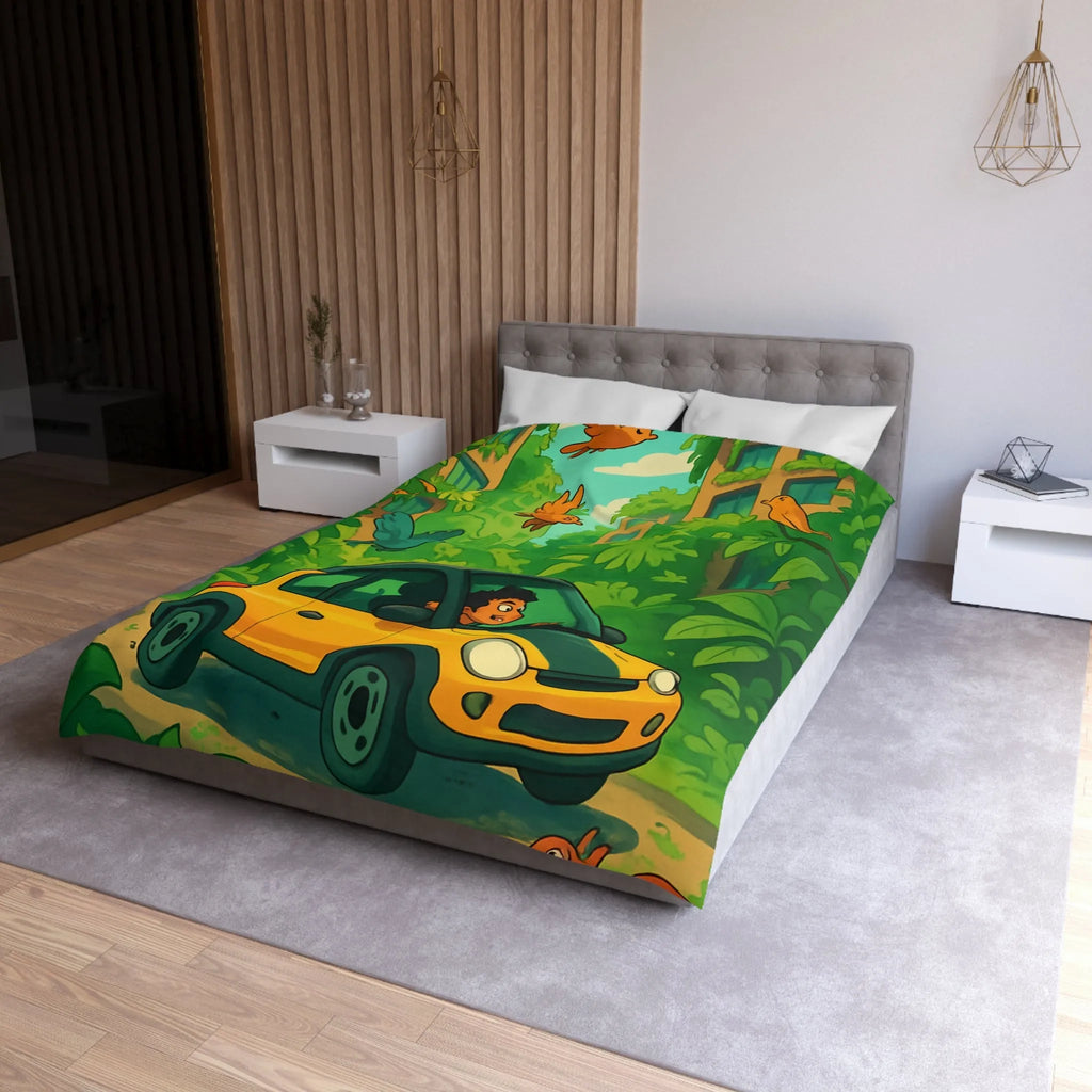 Housse de couette colorée avec voiture jaune et jungle luxuriante pour enfants aventureux