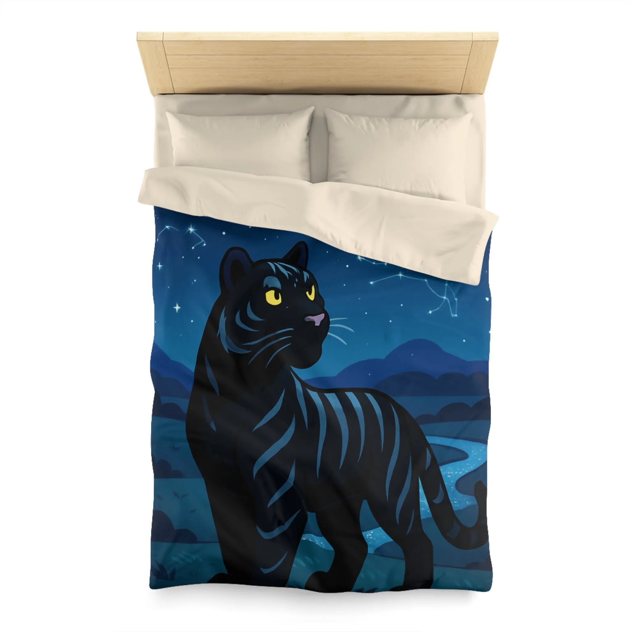 Housse de couette étoilée : Chat noir constellé sous une pleine lune éclatante
