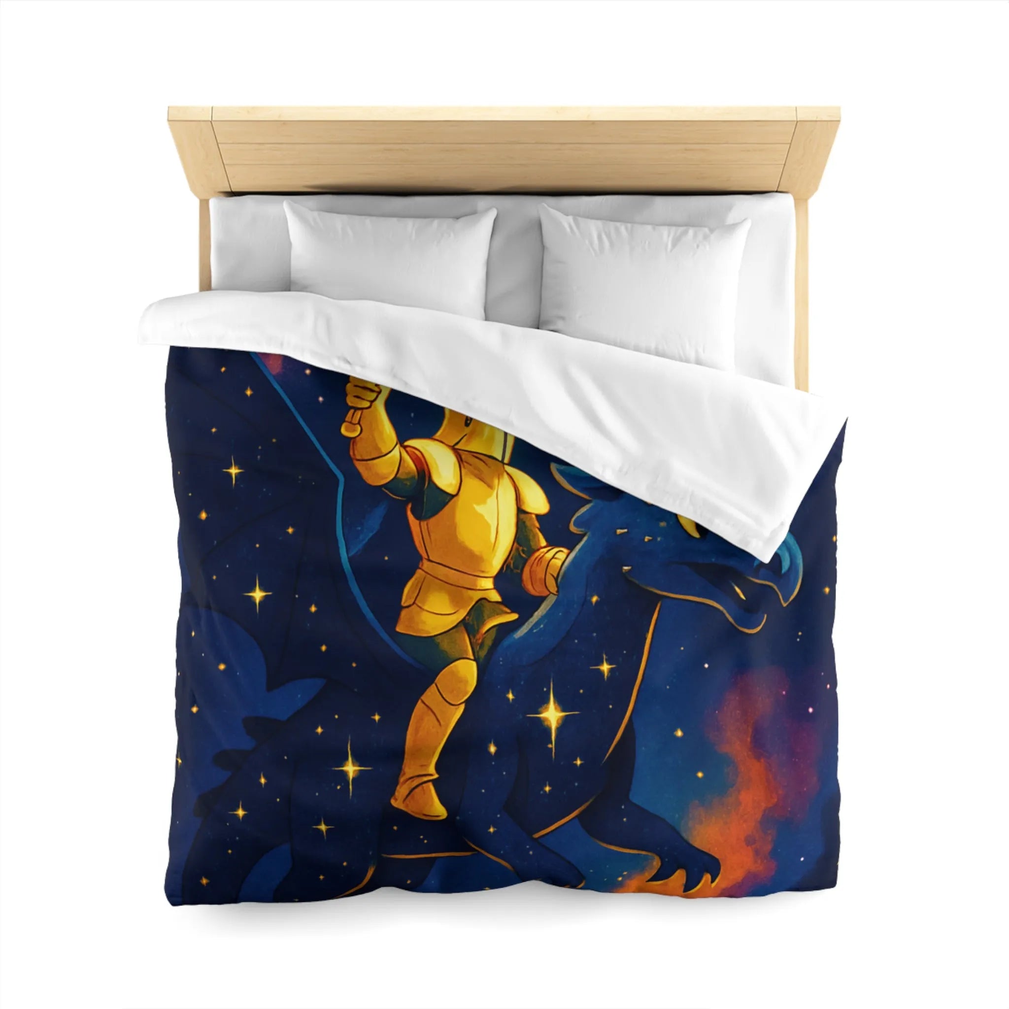 Housse de couette avec chevalier et dragon volant sous étoiles et château magique