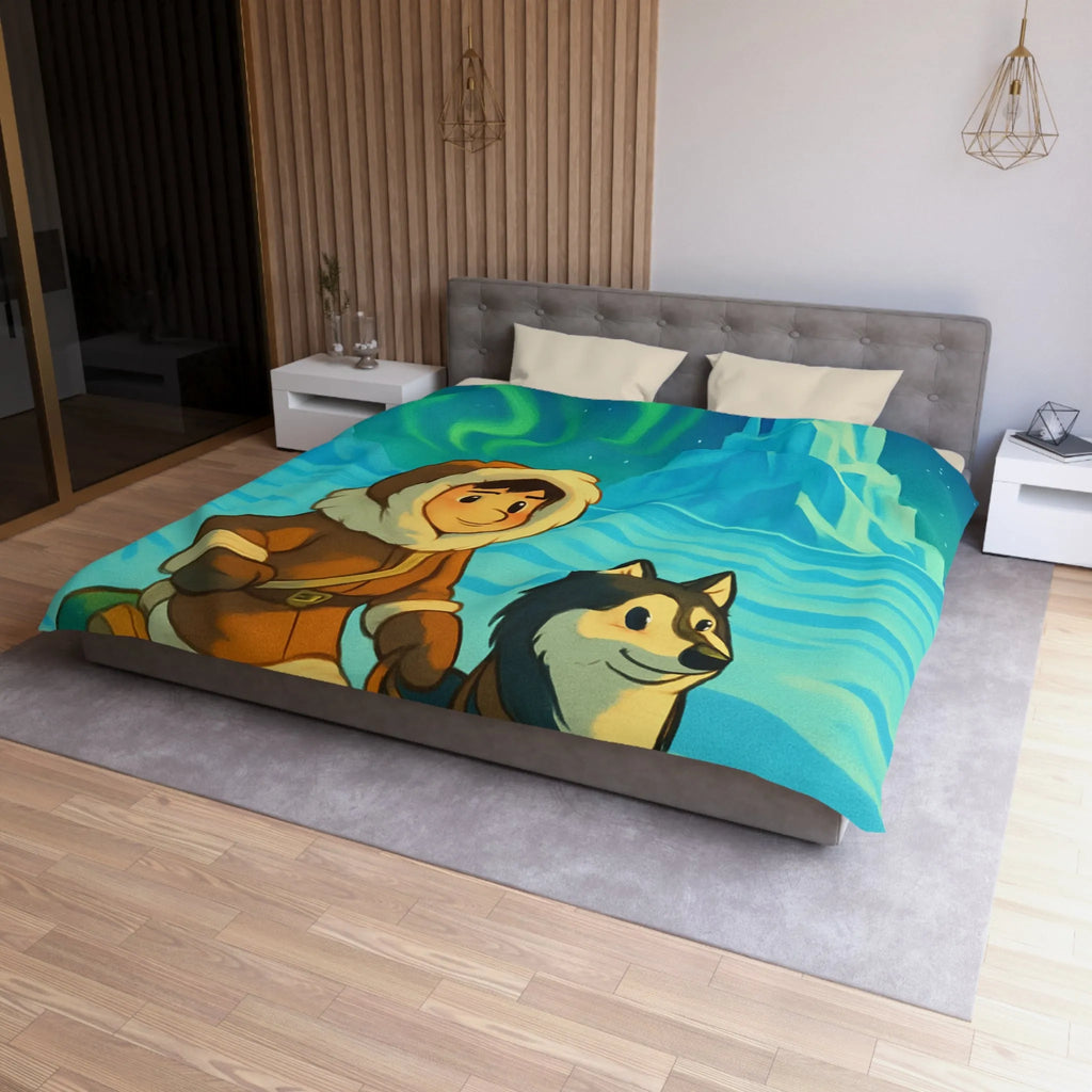 Housse de couette décorative avec aurores boréales et enfant accompagné de chien