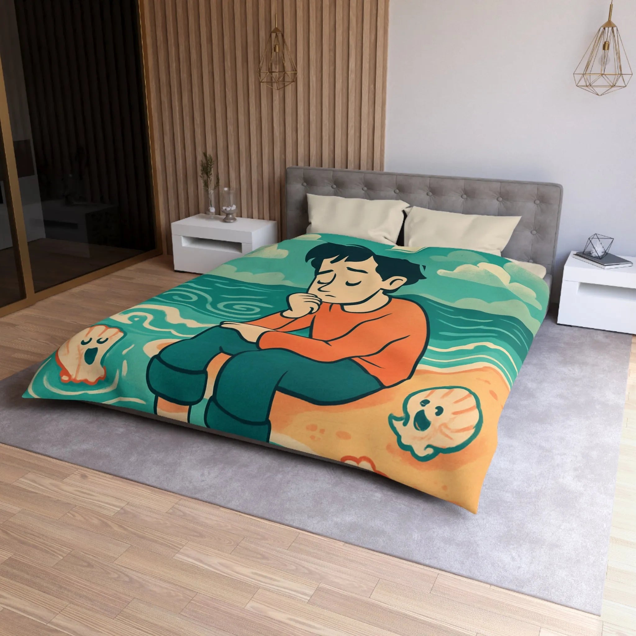 Housse de couette avec illustration rêveuse garçon pensif et coquillages joyeux sur plage