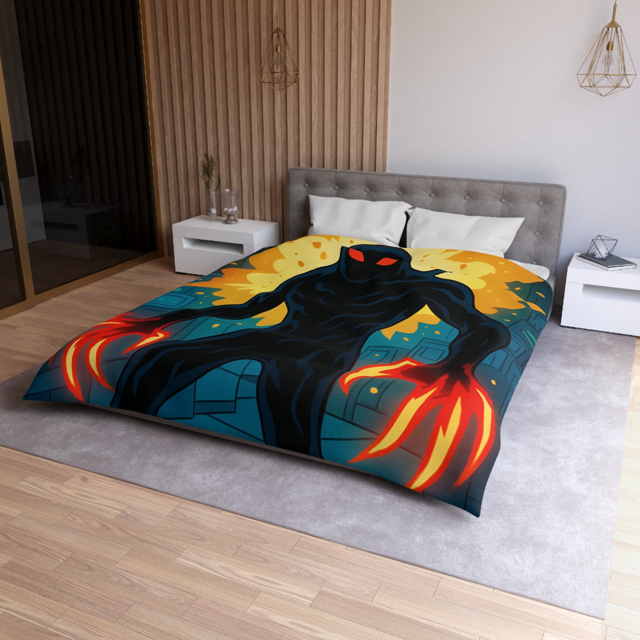 Housse de couette sombre avec créature enflammée aux griffes lumineuses