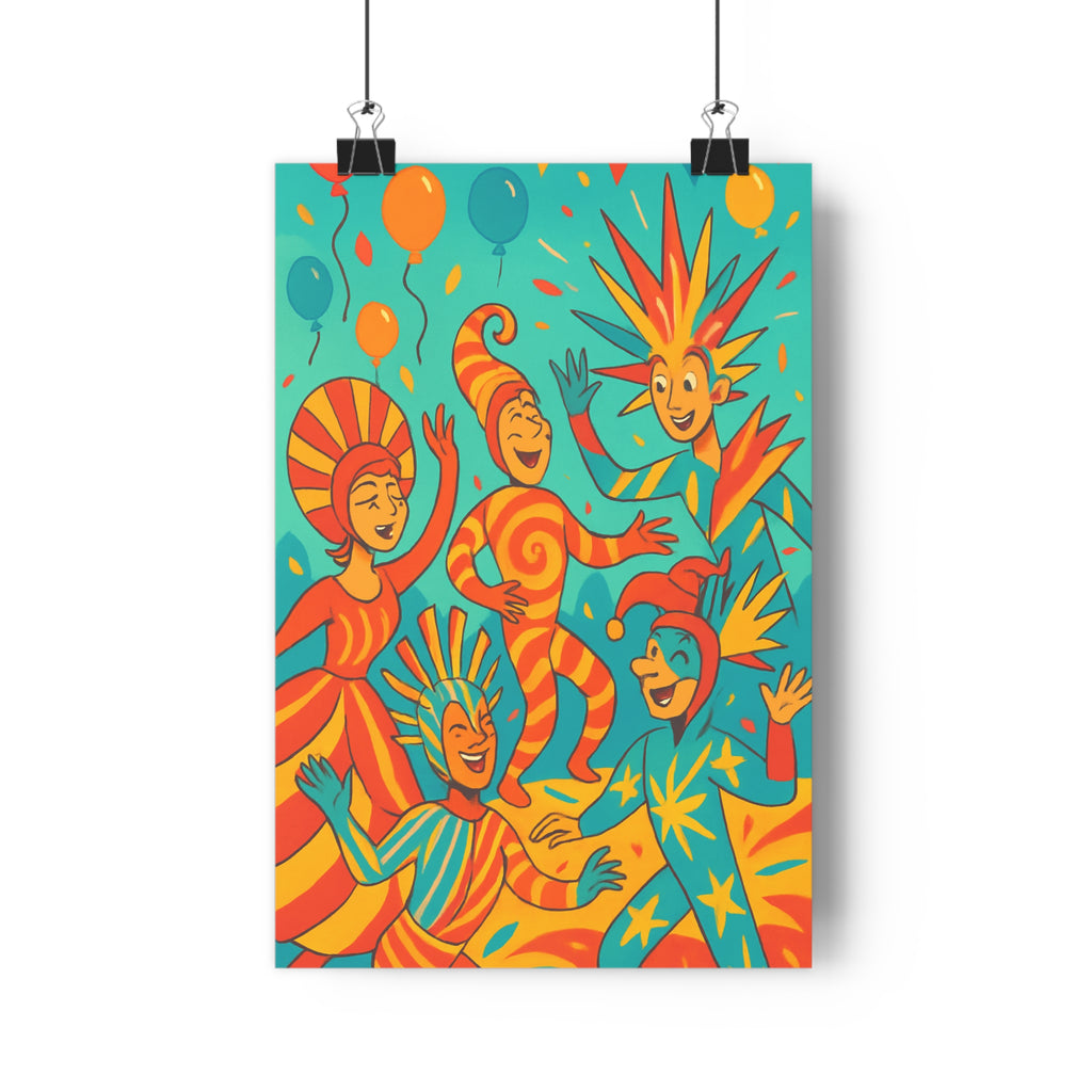Poster décoratif carnaval joyeux bleu orange rouge personnages costumes festifs salon chambre vibrant amusant