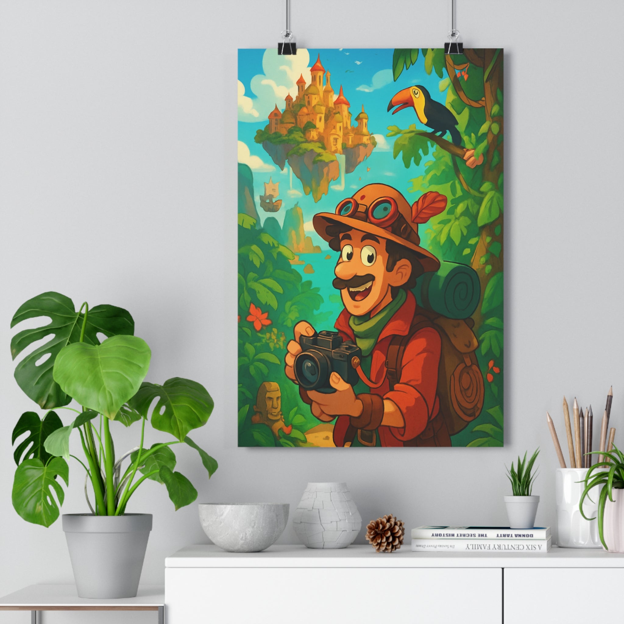 Poster décoratif aventurier jungle luxuriante cartoon vibrant vert bleu orange chambre enfant qualité premium