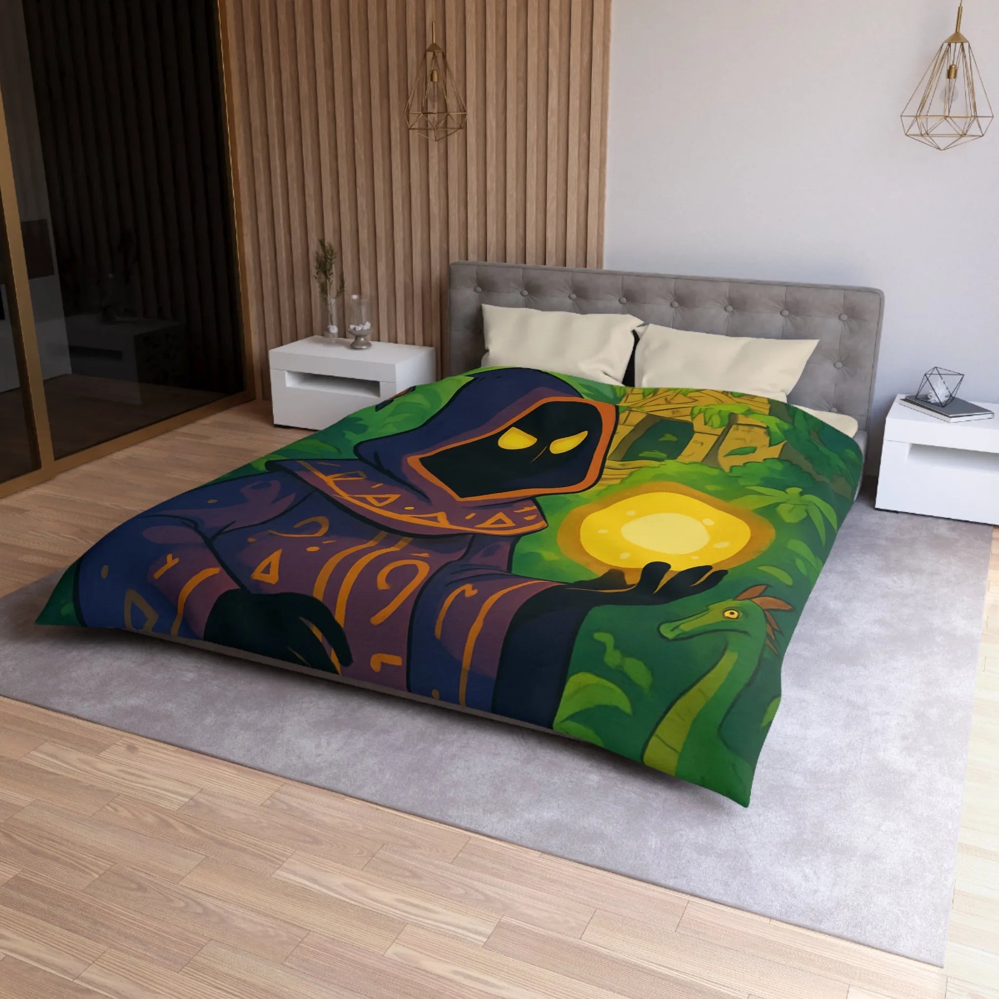 Housse de couette ambiance mystique avec mage sombre dans jungle énigmatique et temple ancien