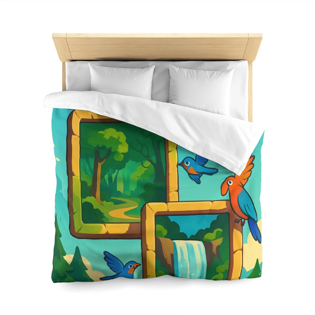 Housse de couette colorée avec oiseaux et scènes de nature paisible et dynamique