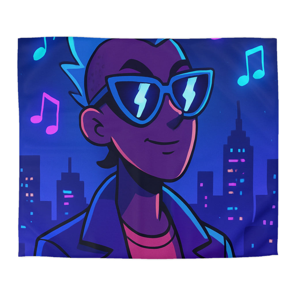 Housse de Couette Personnalisée avec Art de Ville Nocturne et Musicien Stylé Électrique