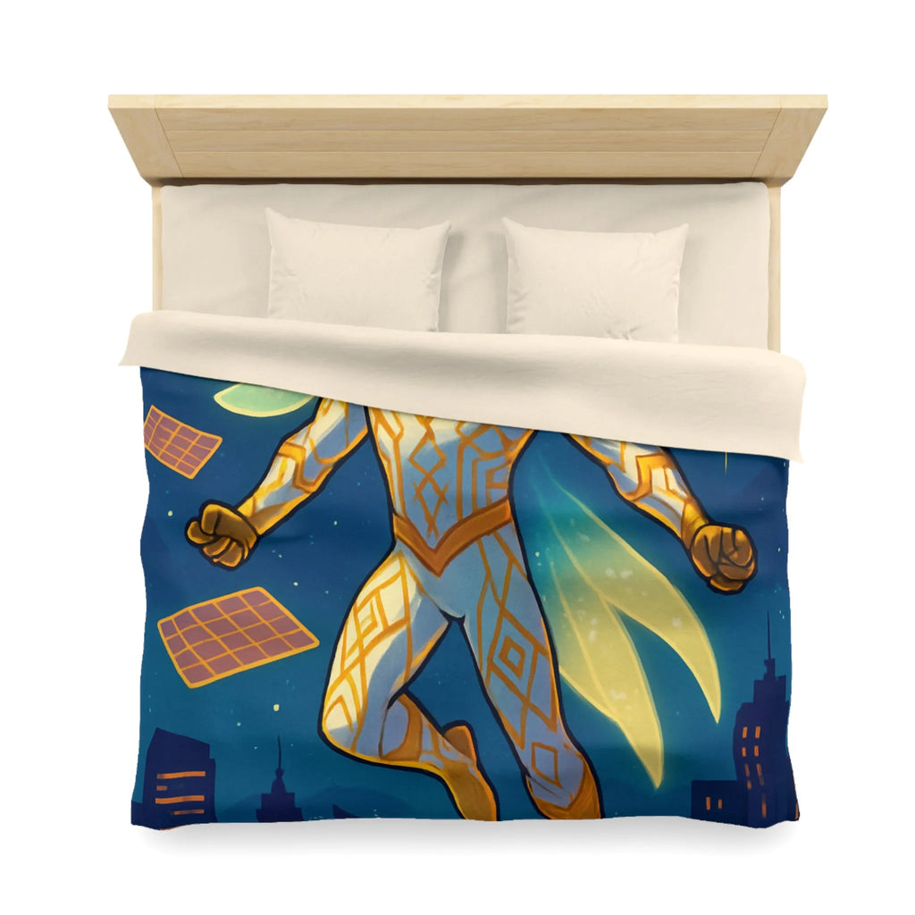 Housse de couette avec héros ailé lumineux sur ciel étoilé et ville futuriste