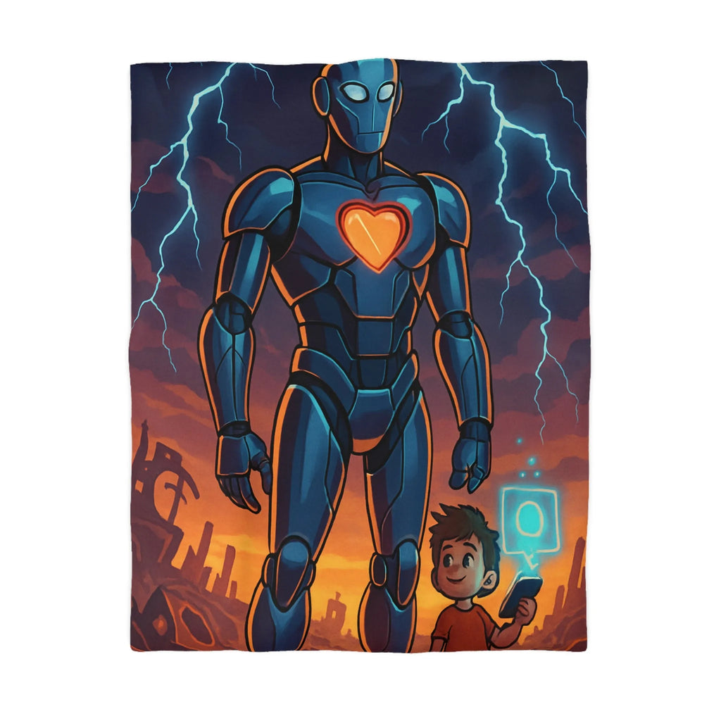 Housse de couette illustrée robot et enfant avec cœur lumineux et ciel orageux