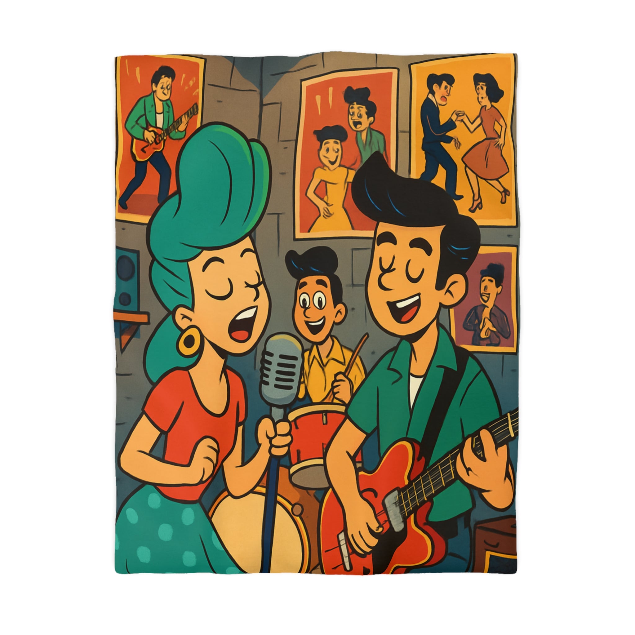 Housse de couette rétro ambiance années 50 avec musiciens et affiches colorées vintage