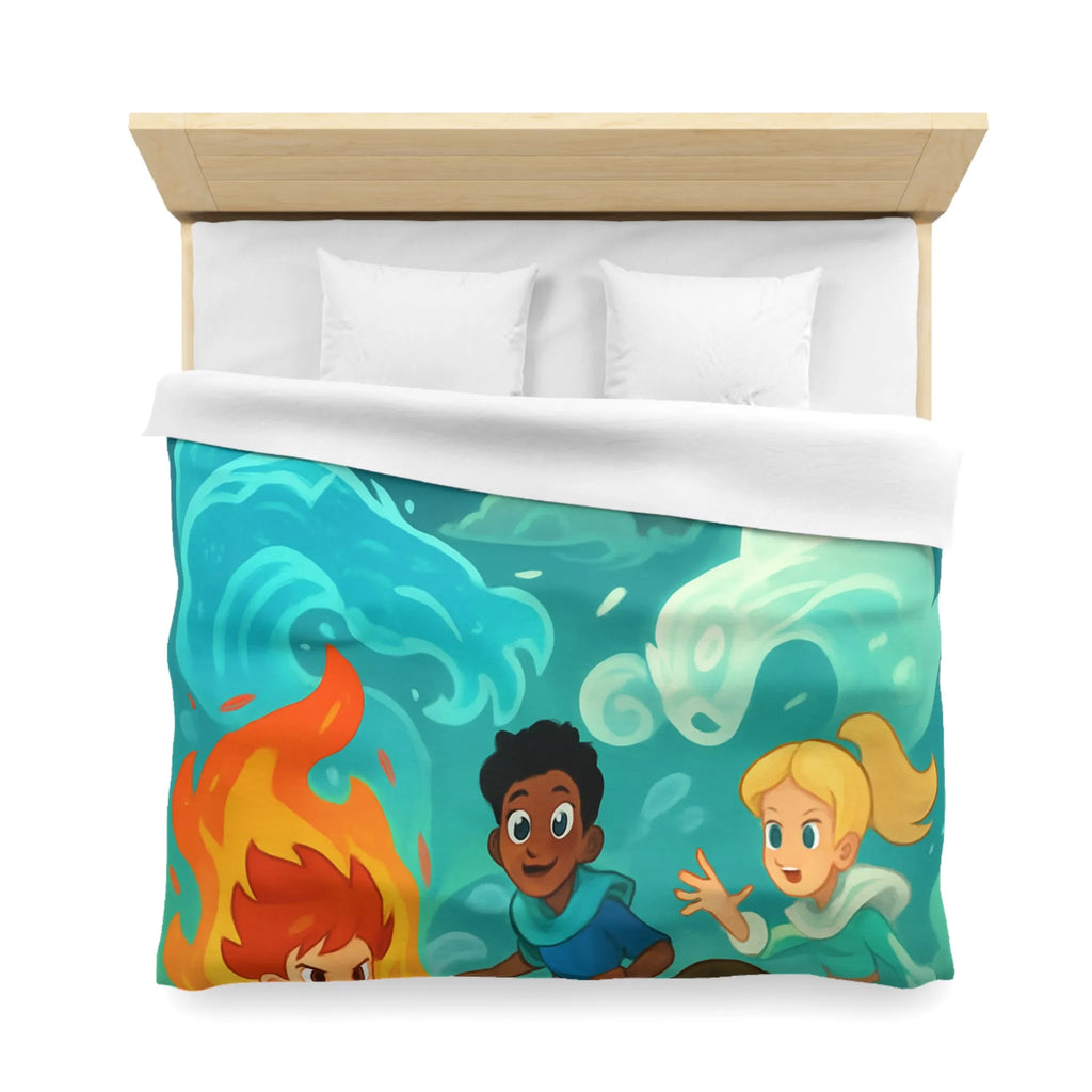 Housse de couette avec illustration de jeunes héros des éléments devant un château magique