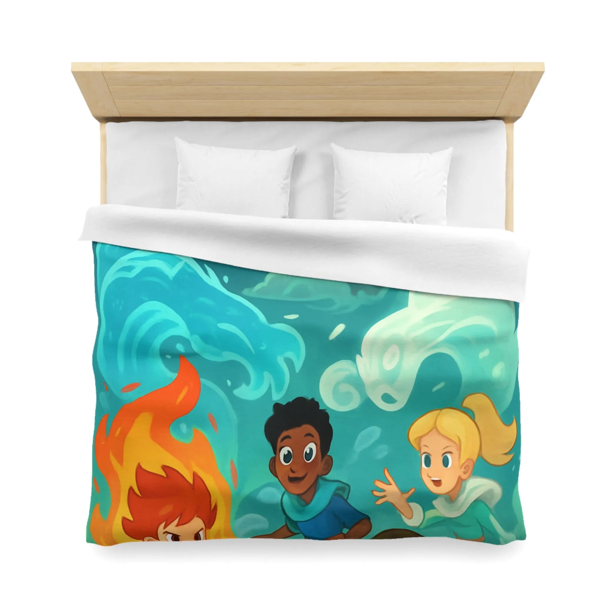 Housse de couette avec illustration de jeunes héros des éléments devant un château magique