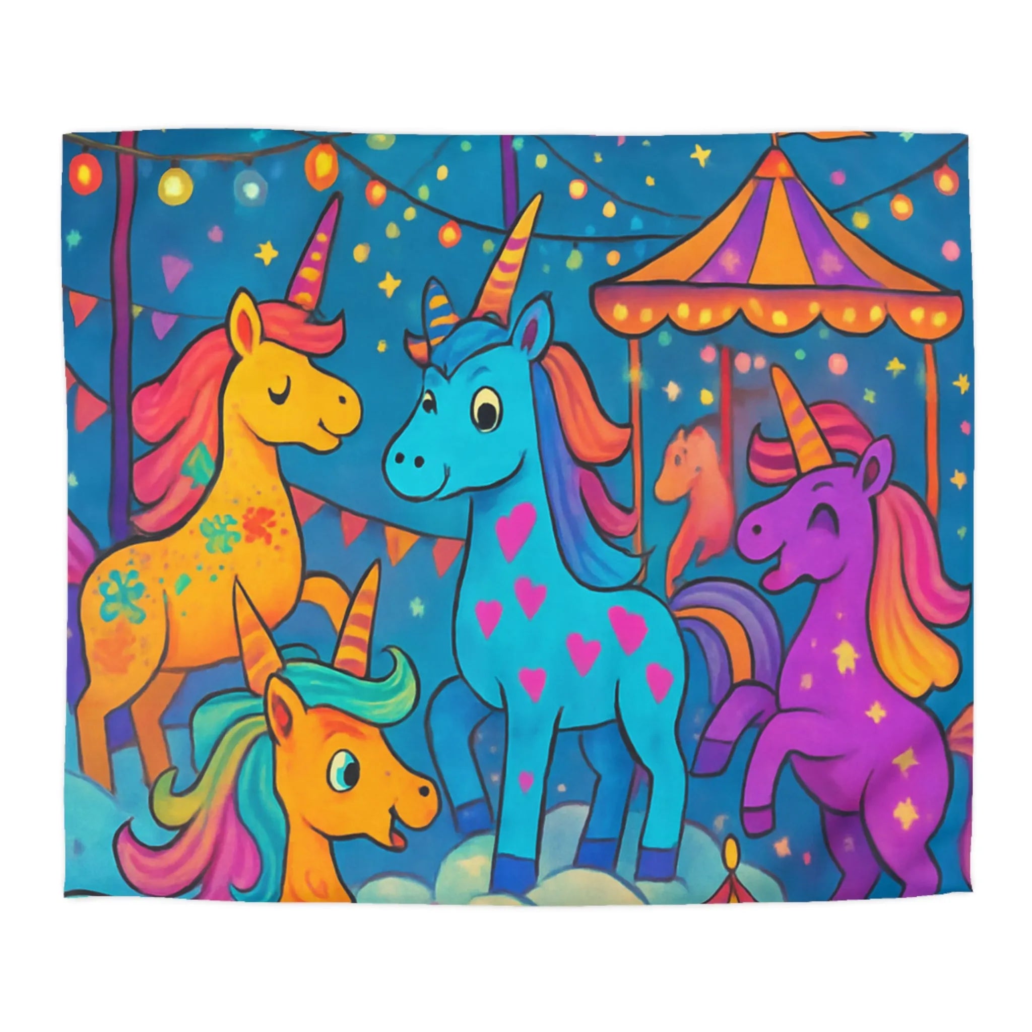 Housse de couette magique avec licornes colorées, carrousel festif, et feux d'artifice