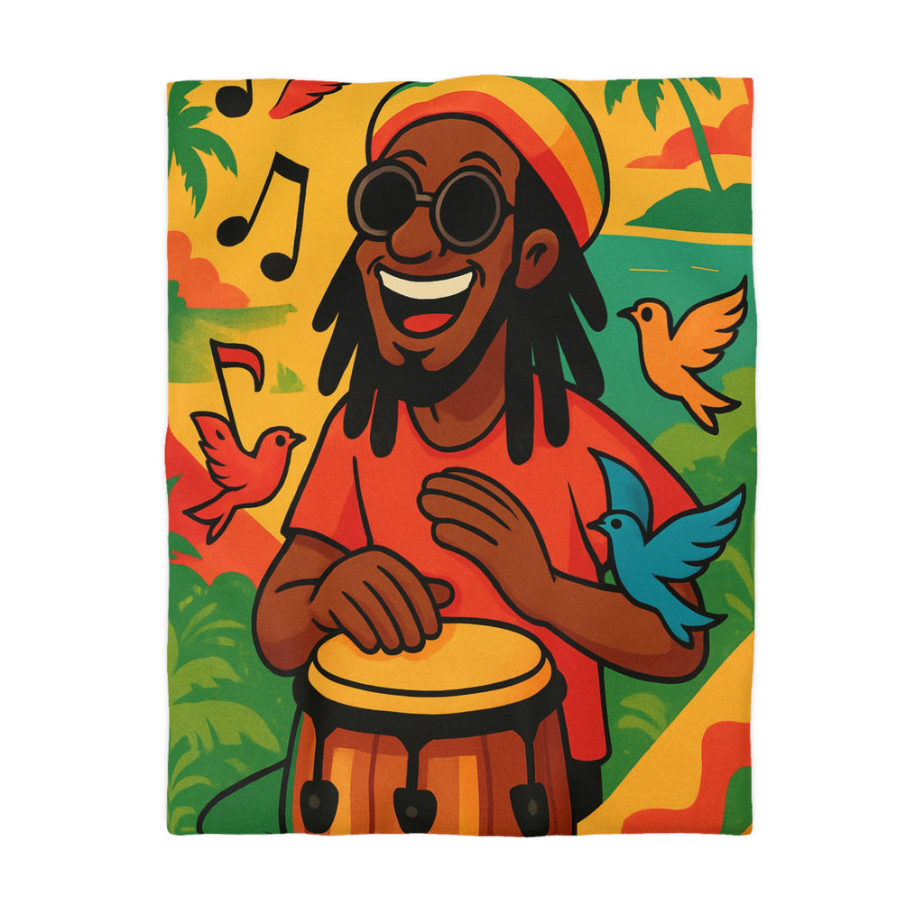 Housse de couette vibrante arc-en-ciel reggae avec tambour, palmiers et oiseaux colorés