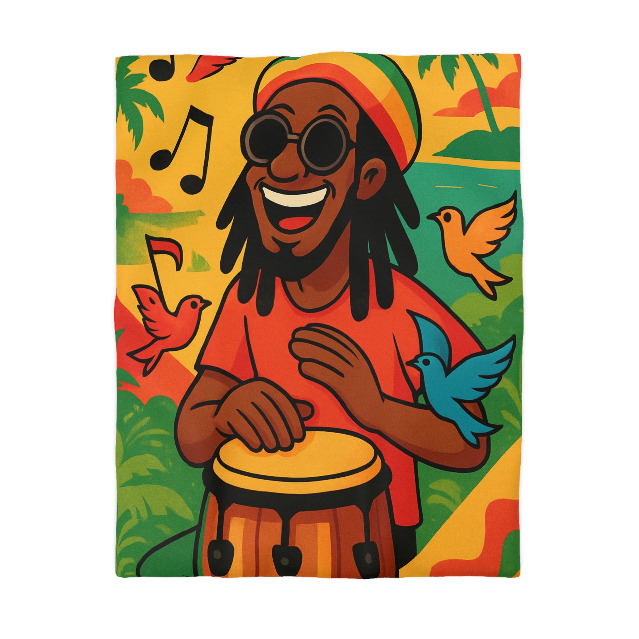 Housse de couette vibrante arc-en-ciel reggae avec tambour, palmiers et oiseaux colorés