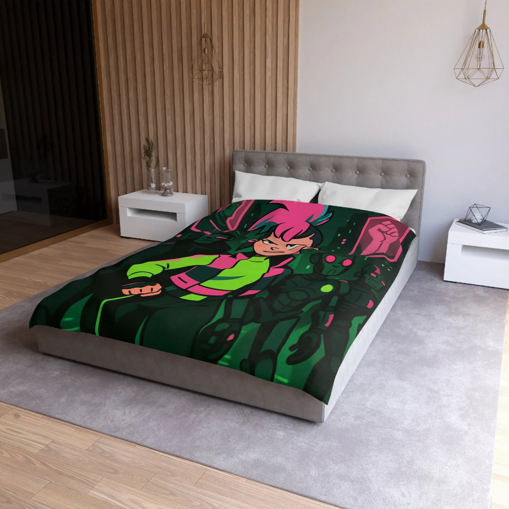 Housse de couette fluorescente cyberpunk avec motif de rébellion et paysage urbain futuriste