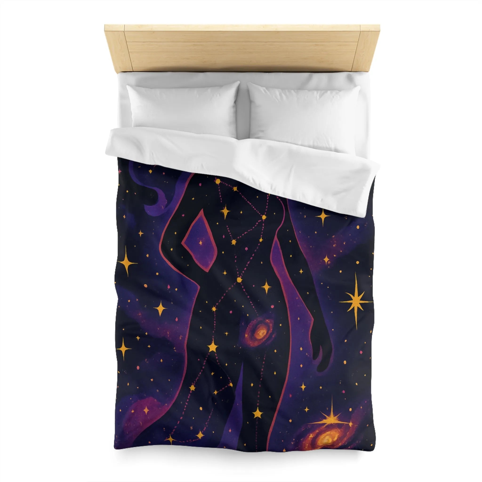 Housse de couette artistique silhouette femme constellation étoiles nébuleuses ambiance cosmique