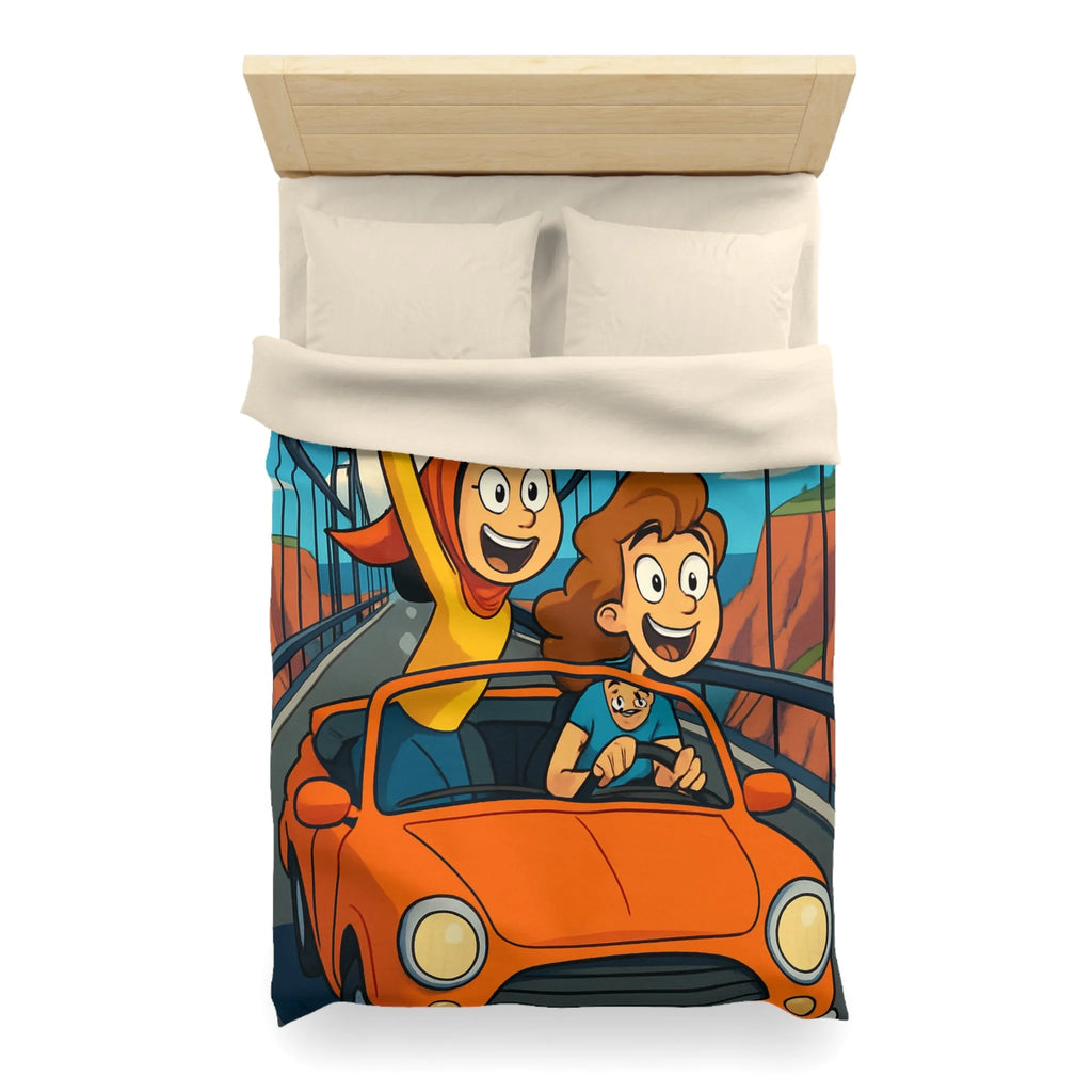 Housse de couette colorée avec illustration de famille en voiture sur pont suspendu