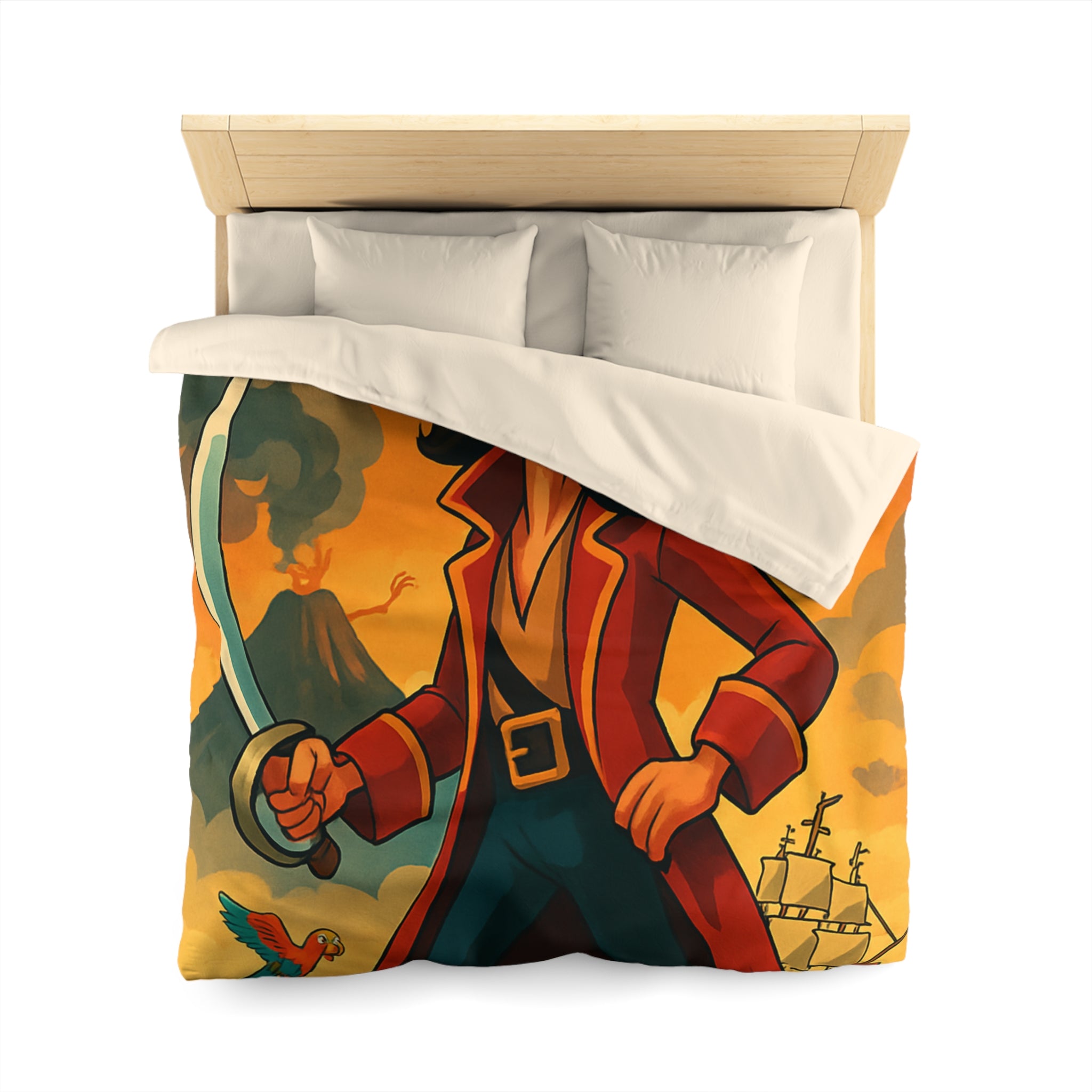 Housse de couette pirate vibrante avec perroquets colorés, volcan actif et bateau en mer