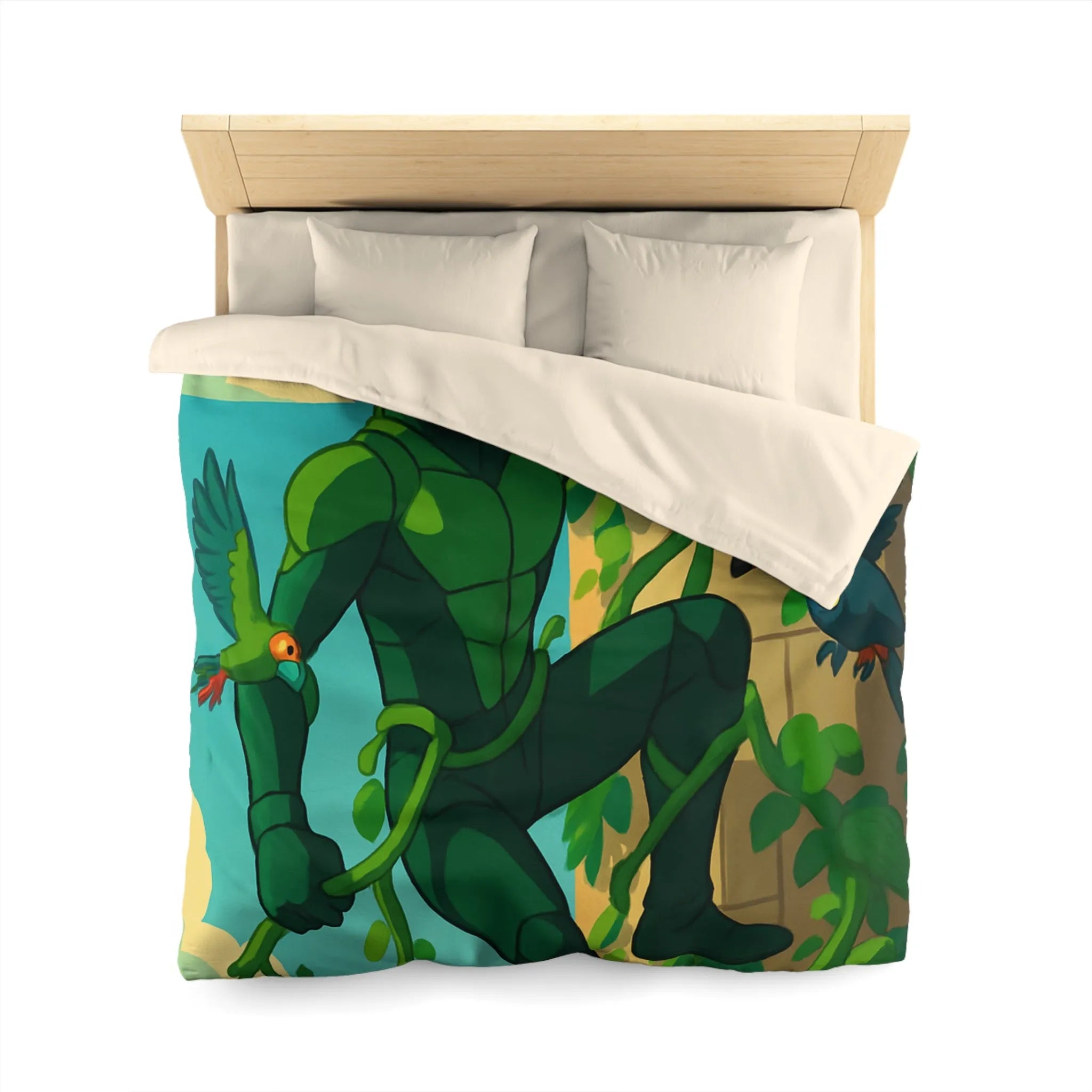 Housse de couette jungle animée avec héros vert grimpant et oiseaux colorés