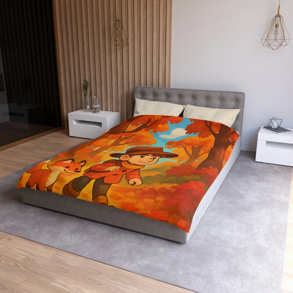 Housse de couette enfant colorée aux tons automnaux avec un renard et un garçon