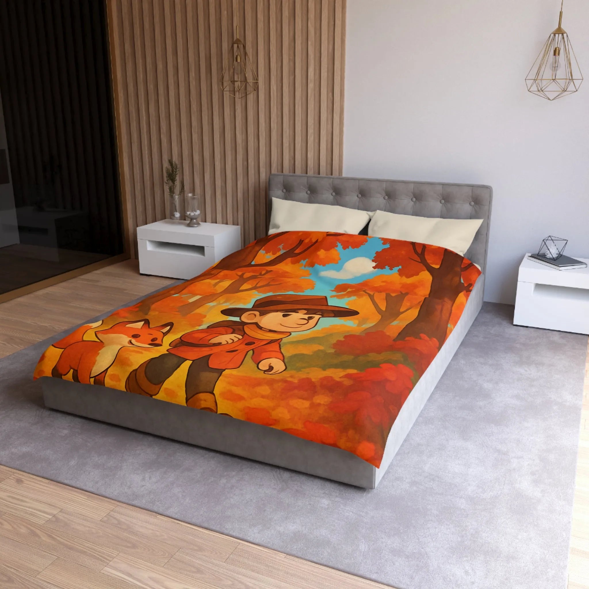 Housse de couette enfant colorée aux tons automnaux avec un renard et un garçon