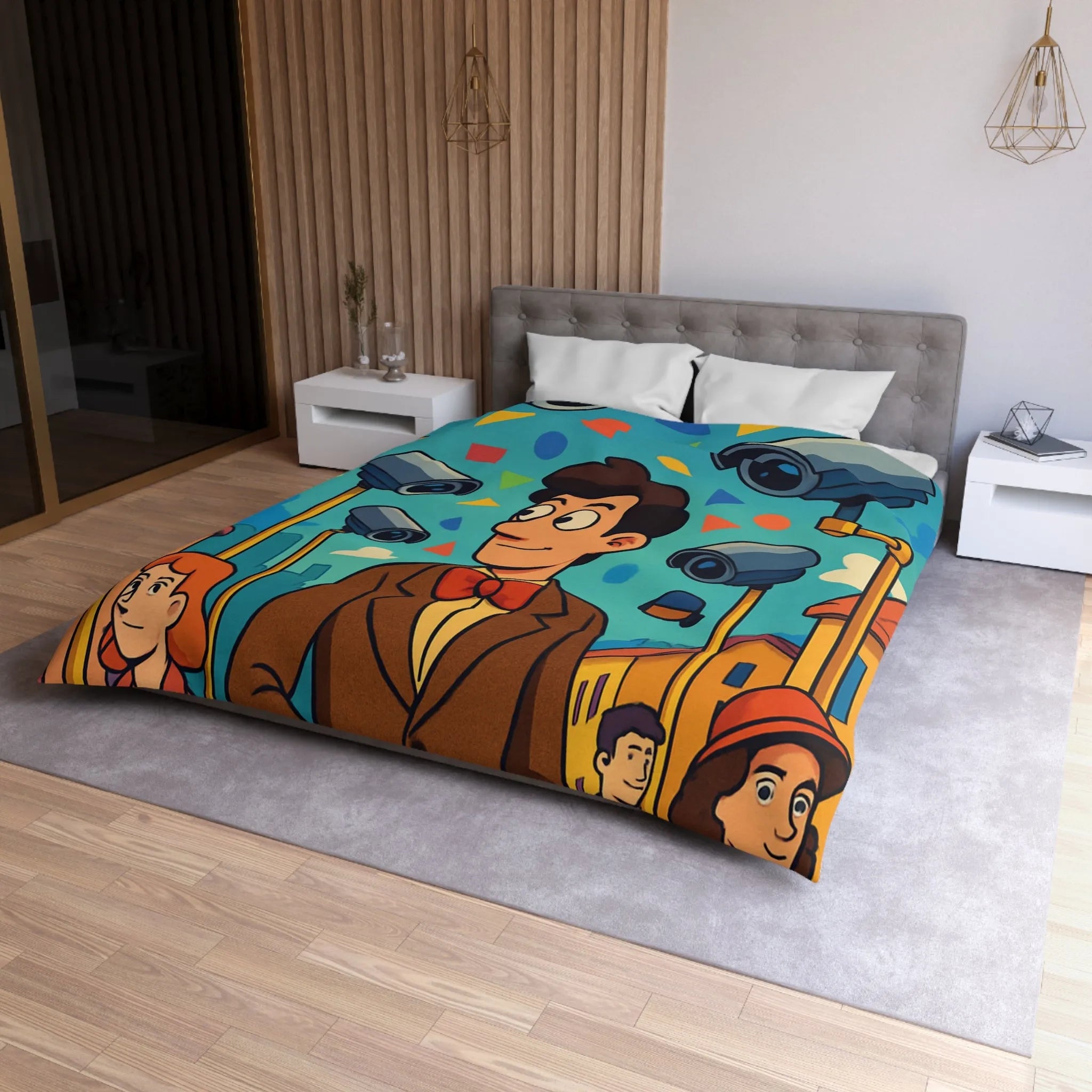 Housse de couette colorée avec motifs géométriques et personnages sous caméras de surveillance