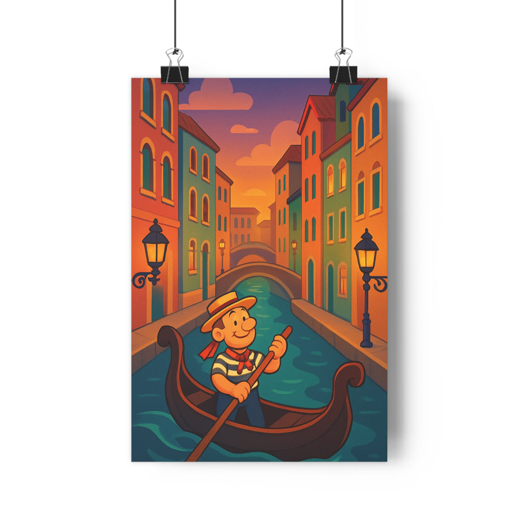 Poster décoratif cartoon romantique Venise bleu orange salon chambre gondolier charmant ambiance italienne unique