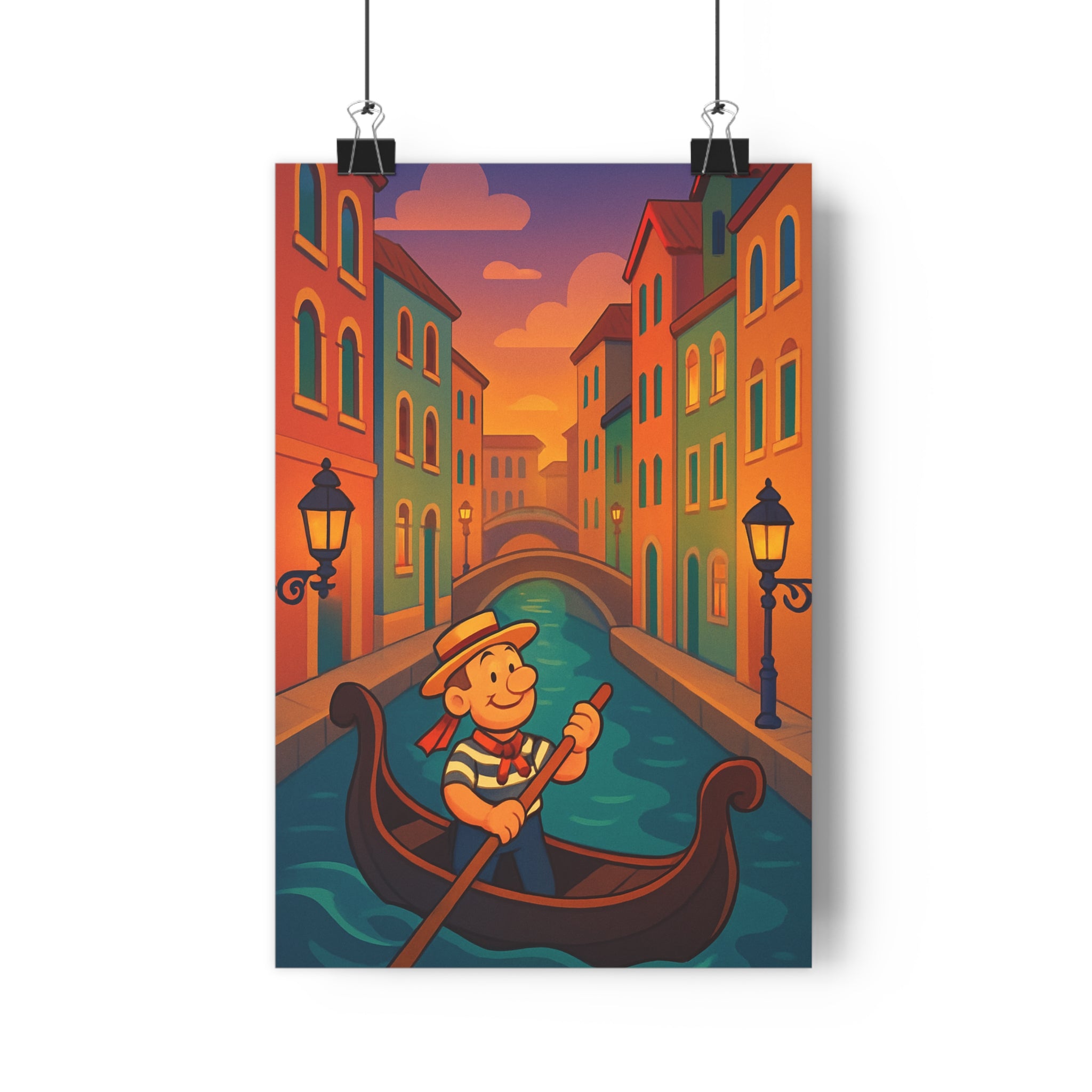 Poster décoratif cartoon romantique Venise bleu orange salon chambre gondolier charmant ambiance italienne unique