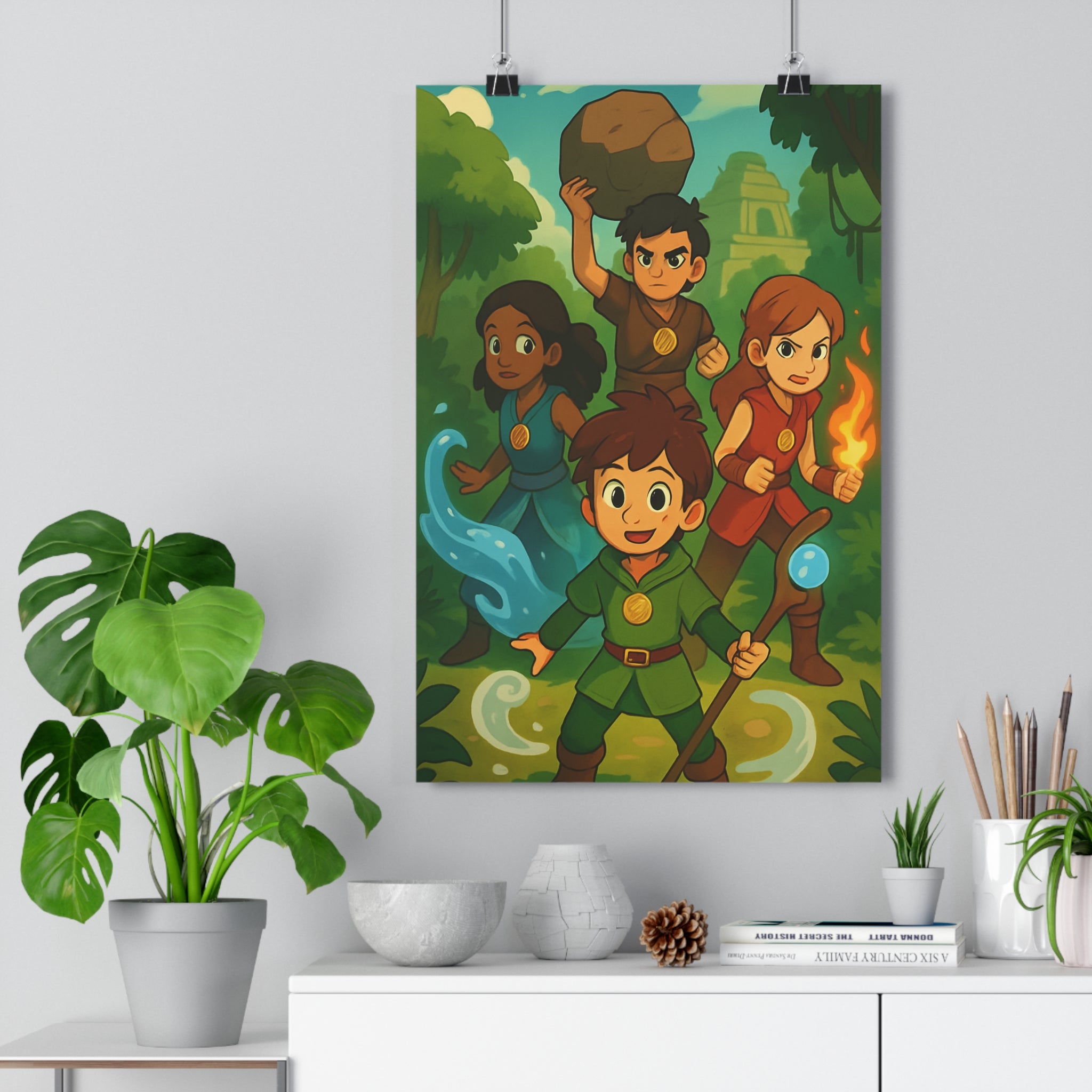 Poster décoratif anime vibrant rouge bleu aventure chambre enfant magie 30x46 dynamique personnages éléments