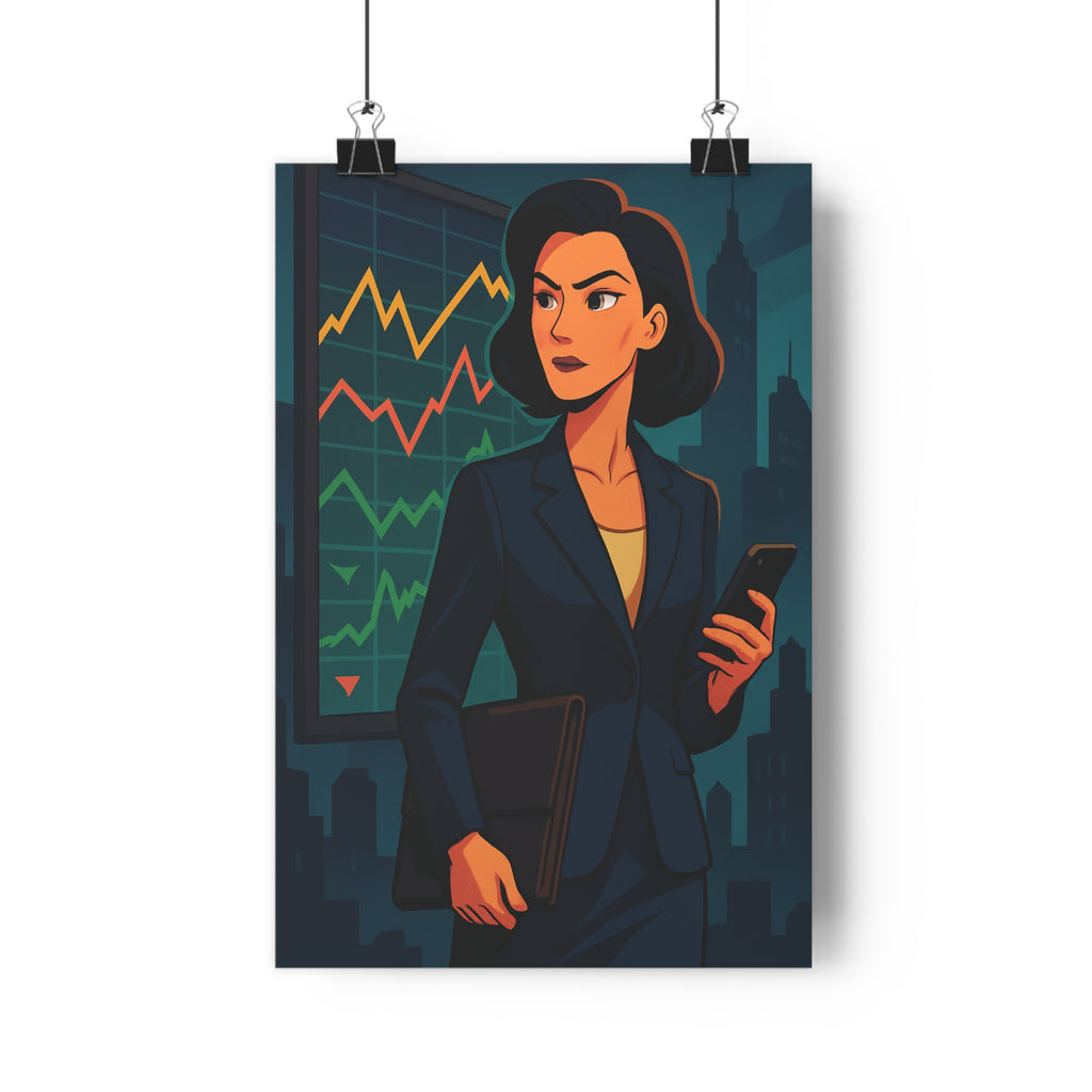 Poster décoratif moderne anime femme bourse bleu noir bureau élégant professionnel tendance graphique smartphone