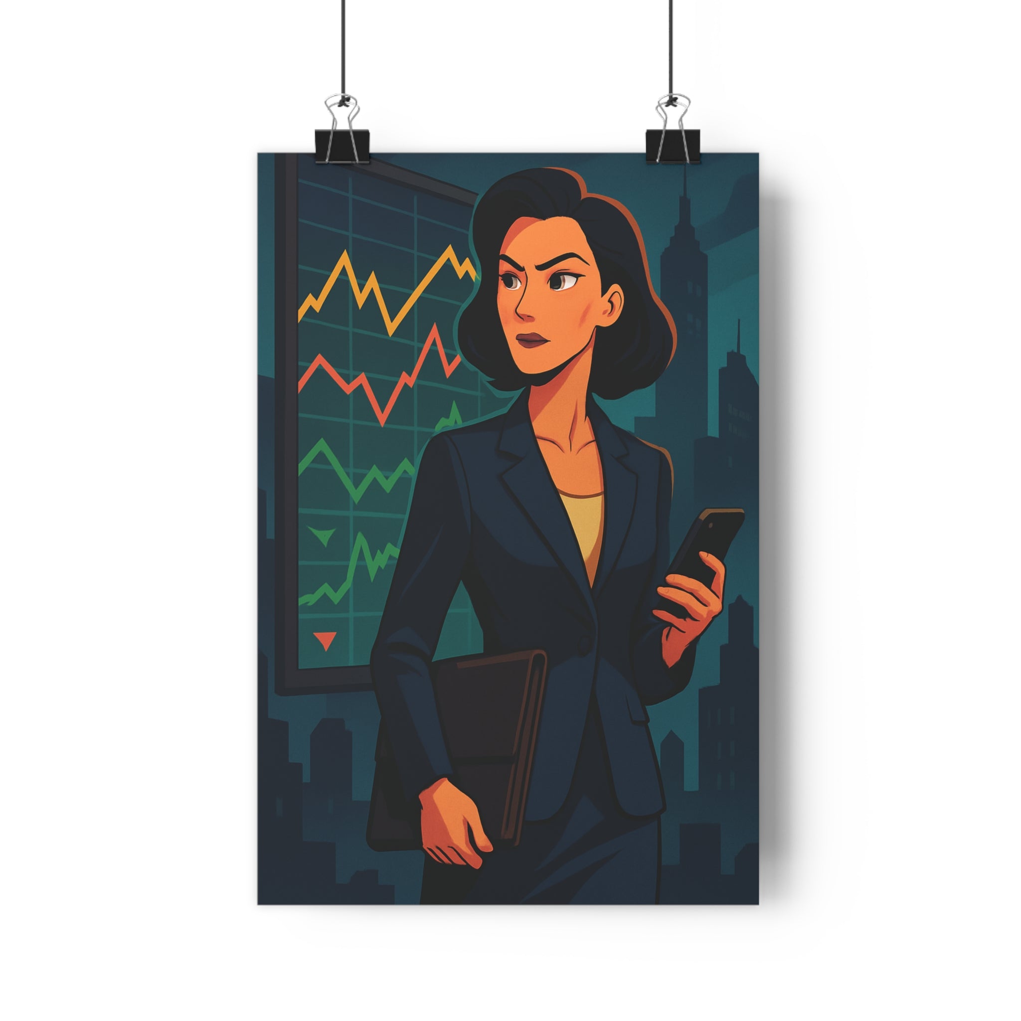 Poster décoratif moderne anime femme bourse bleu noir bureau élégant professionnel tendance graphique smartphone