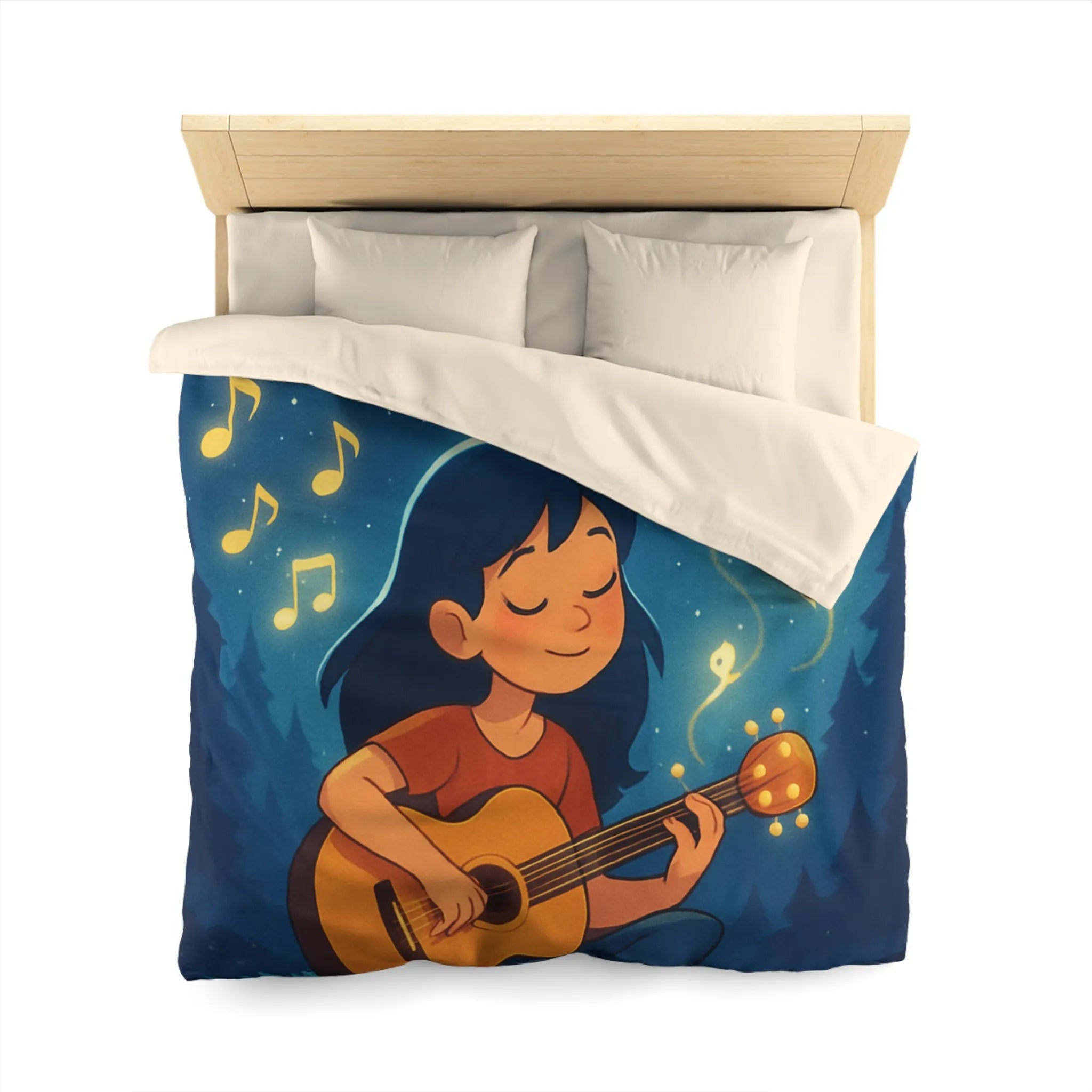 Housse de couette enchantée avec enfant jouant de la guitare sous la pleine lune