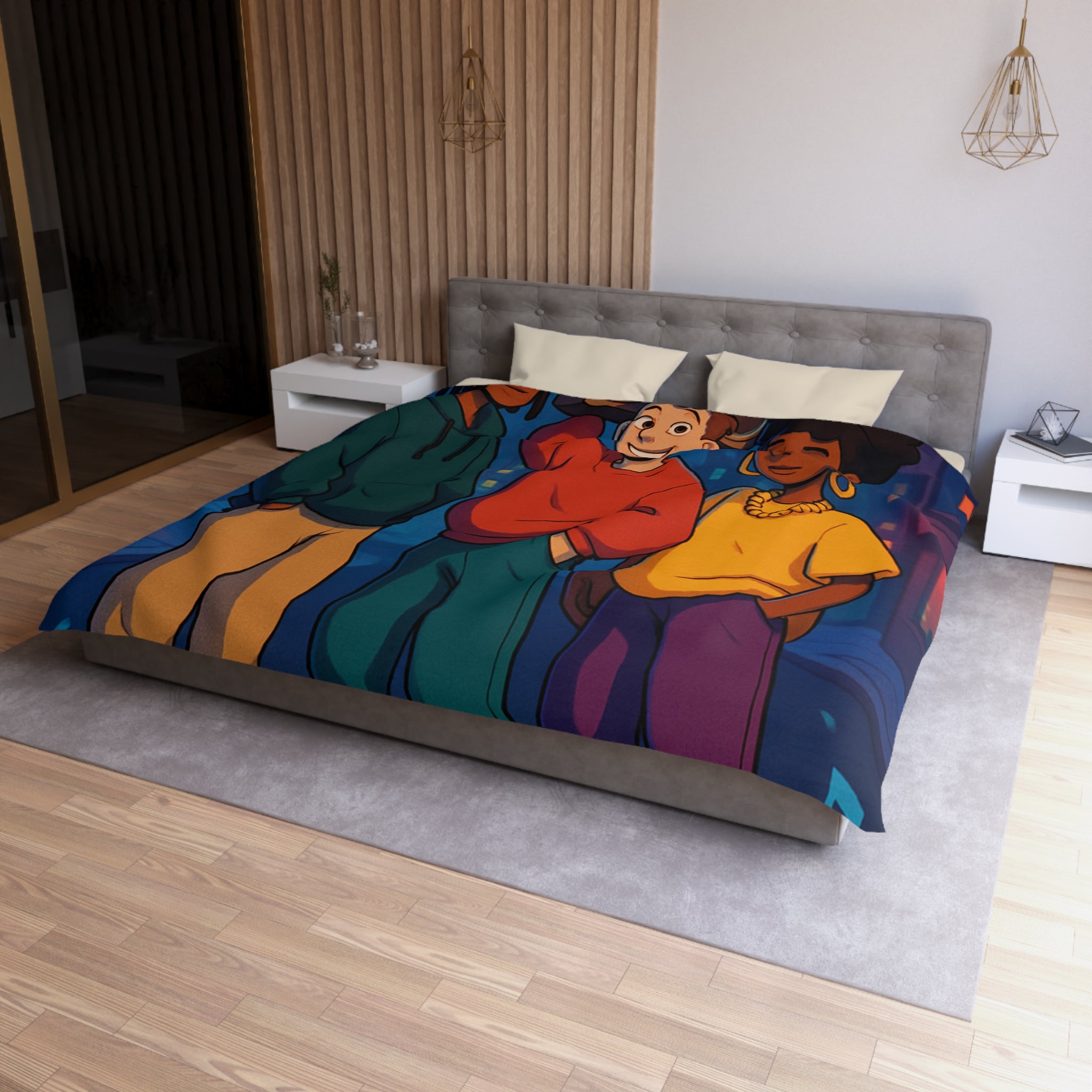 Housse de couette urbaine colorée avec adolescents et radio cassette dans la rue nocturne