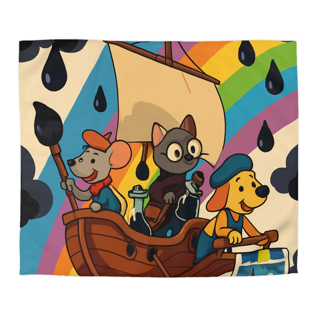 Housse de couette enfant avec animaux navigateurs sur arc-en-ciel et bateau enchanteur