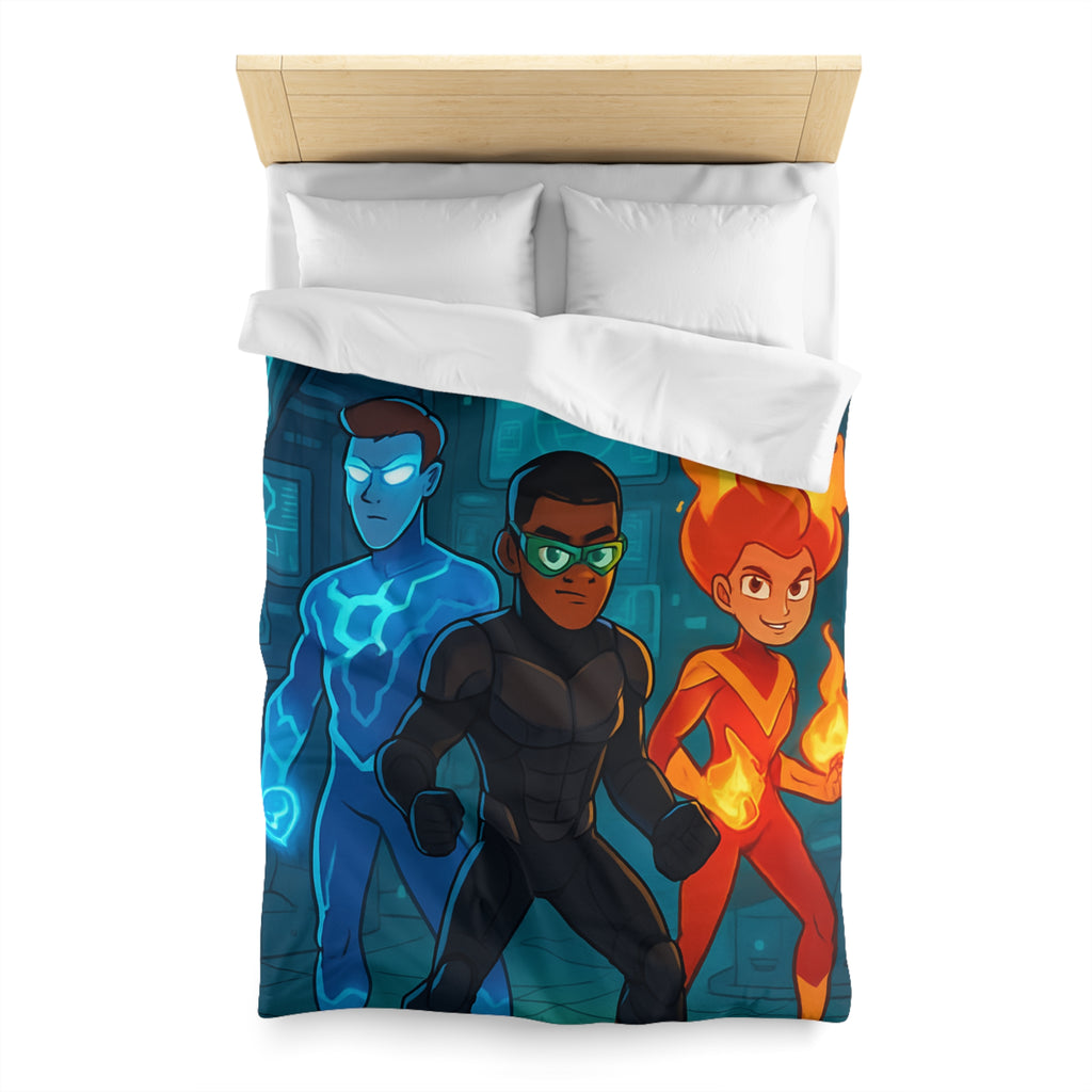 Housse de couette super-héros colorée avec motifs de feu, glace et technologie futuriste