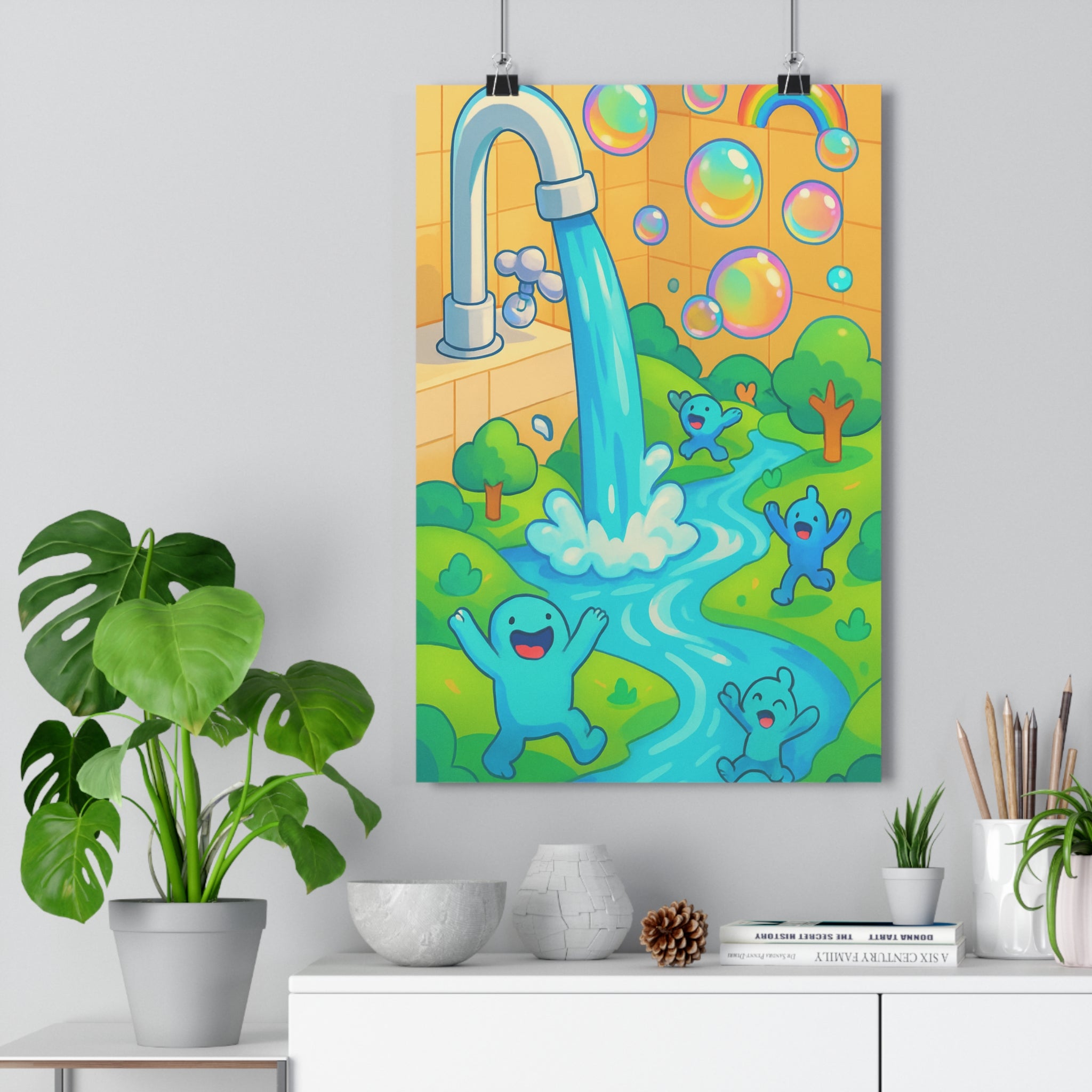 Poster décoratif dessin animé bleu coloré joyeux salle bain ambiance rêveuse personnages arcenciel qualité