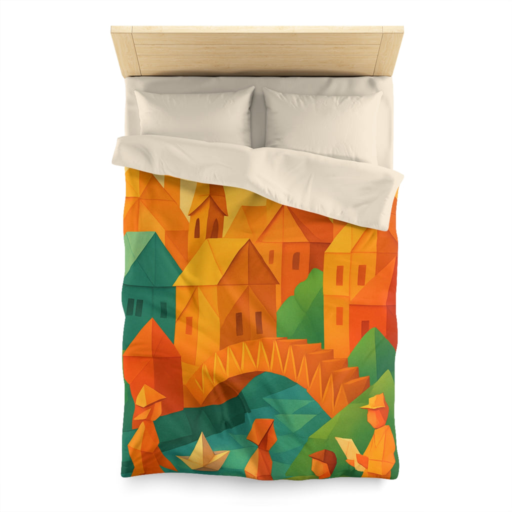 Housse de couette motif origami coloré avec paysage urbain et silhouettes humaines