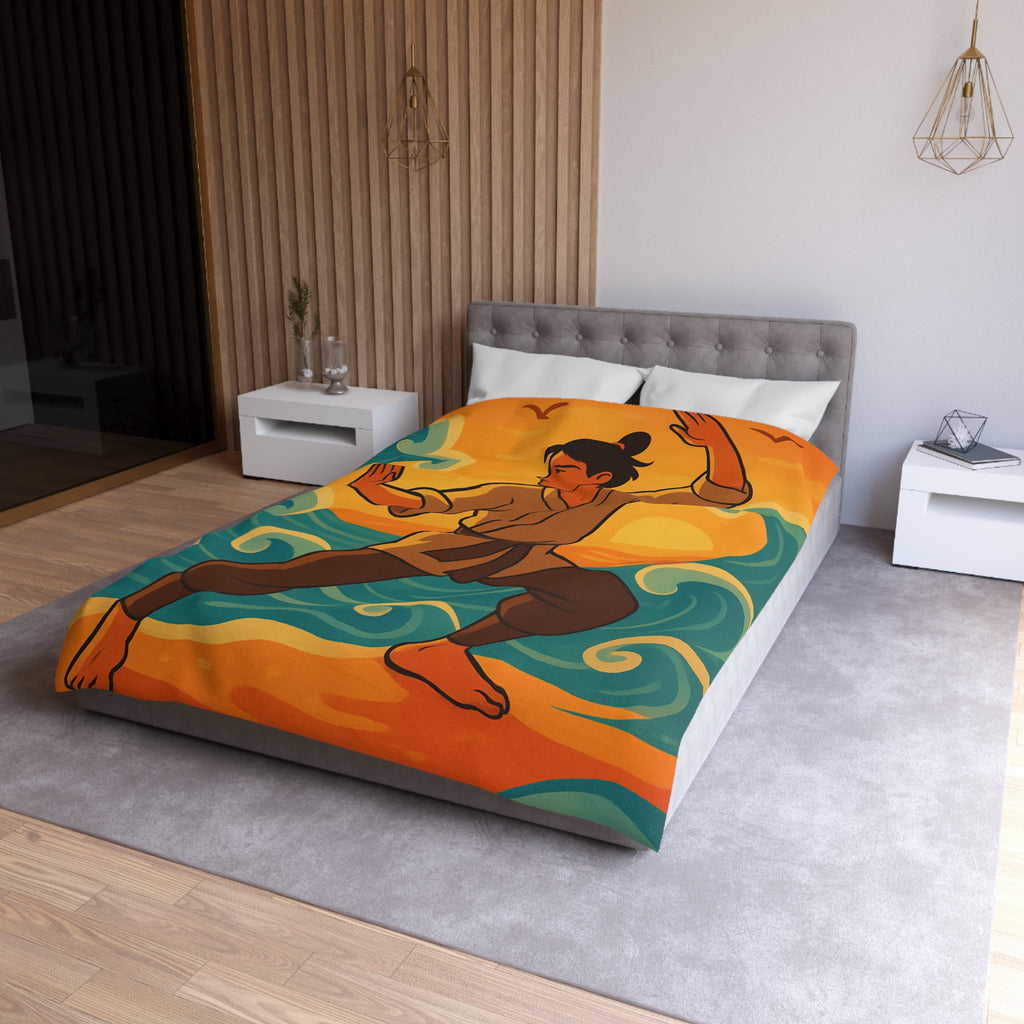 Housse de Couette Style Japonais Art Martial Coucher de Soleil et Océan Bleu