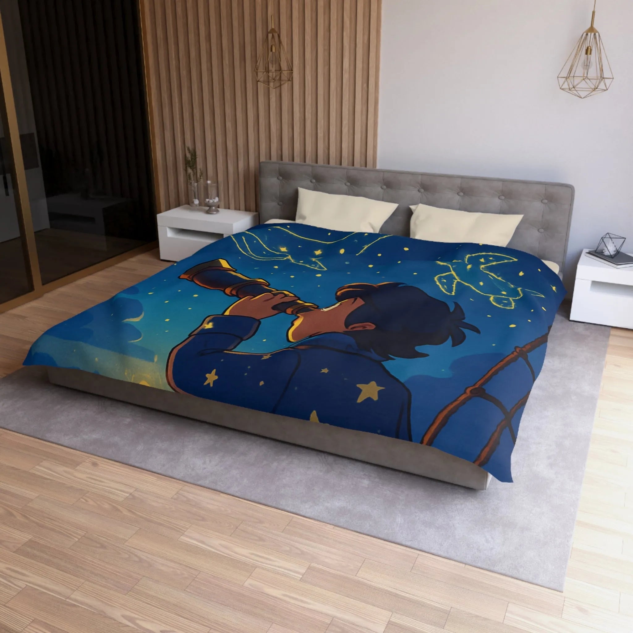 Housse de Couette Étoilée Enfant Rêveur Observant Constellations Célestes Bleu Nuit