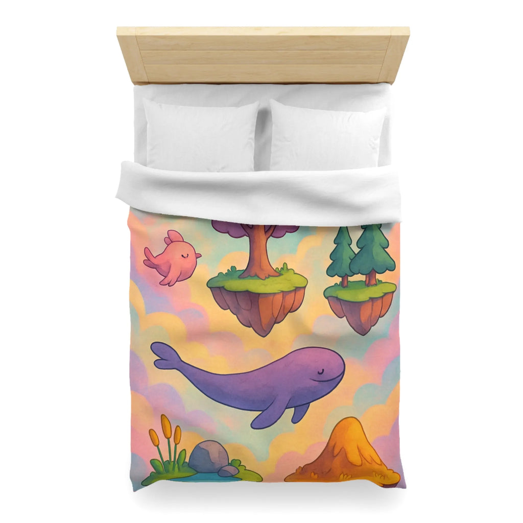 Housse de couette avec îles flottantes et créatures rêveuses dans un ciel magique