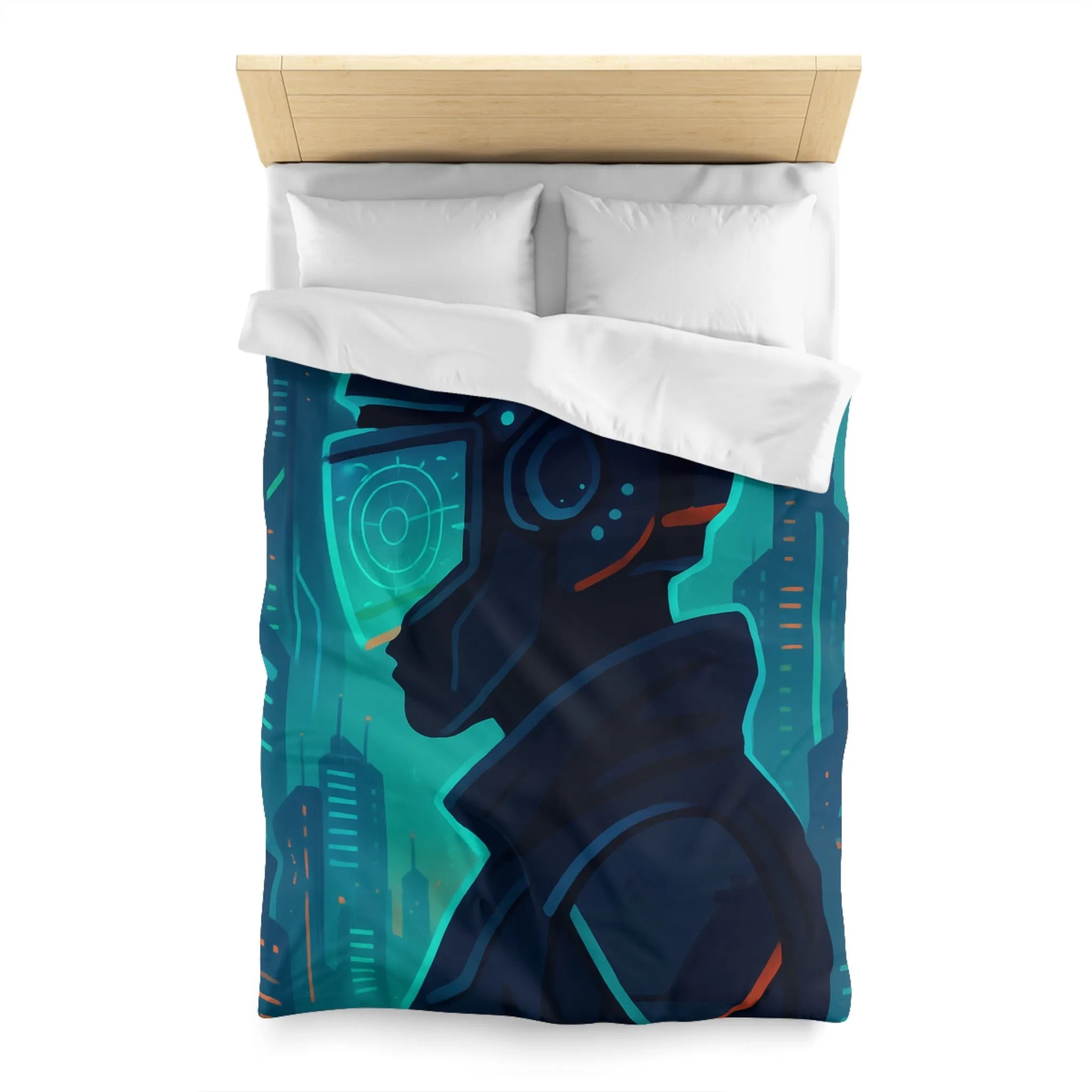 Housse de couette futuriste avec casque de réalité virtuelle et gratte-ciels lumineux