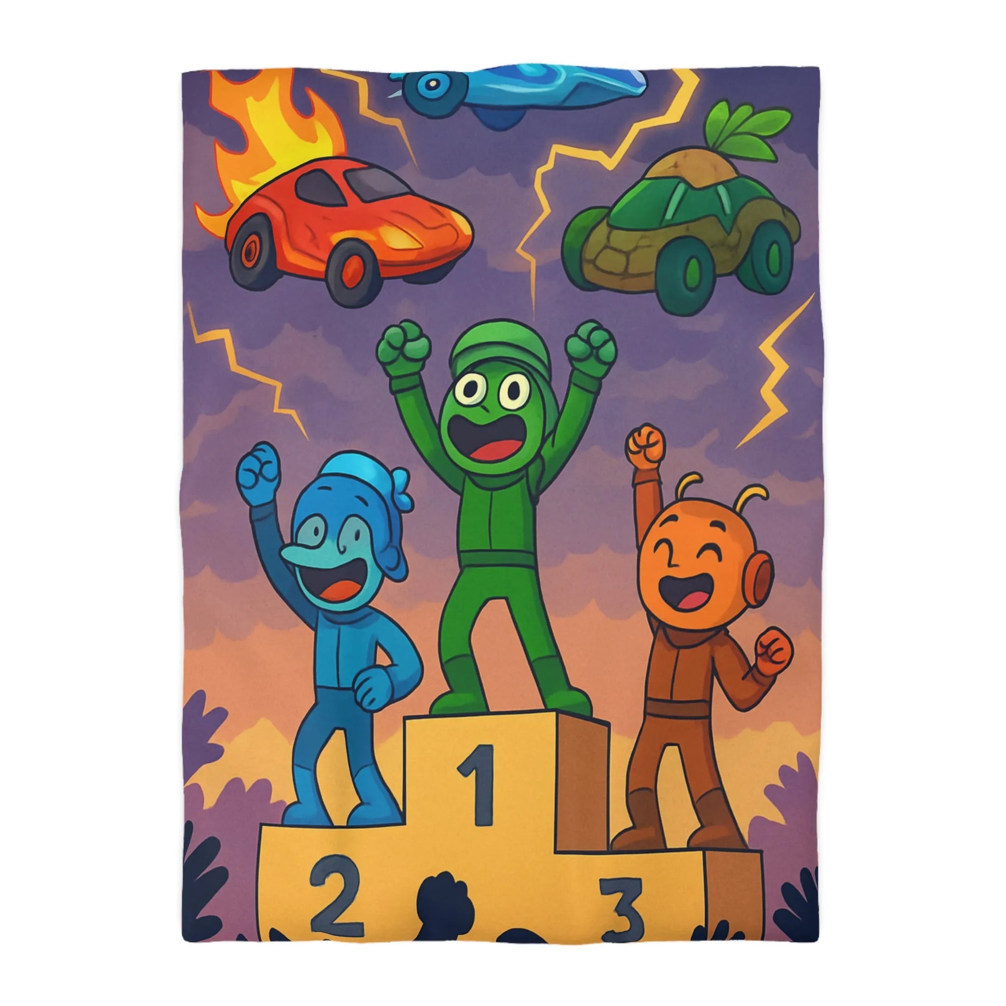 Housse de couette colorée avec podium de victoire et voitures exotiques dessinées