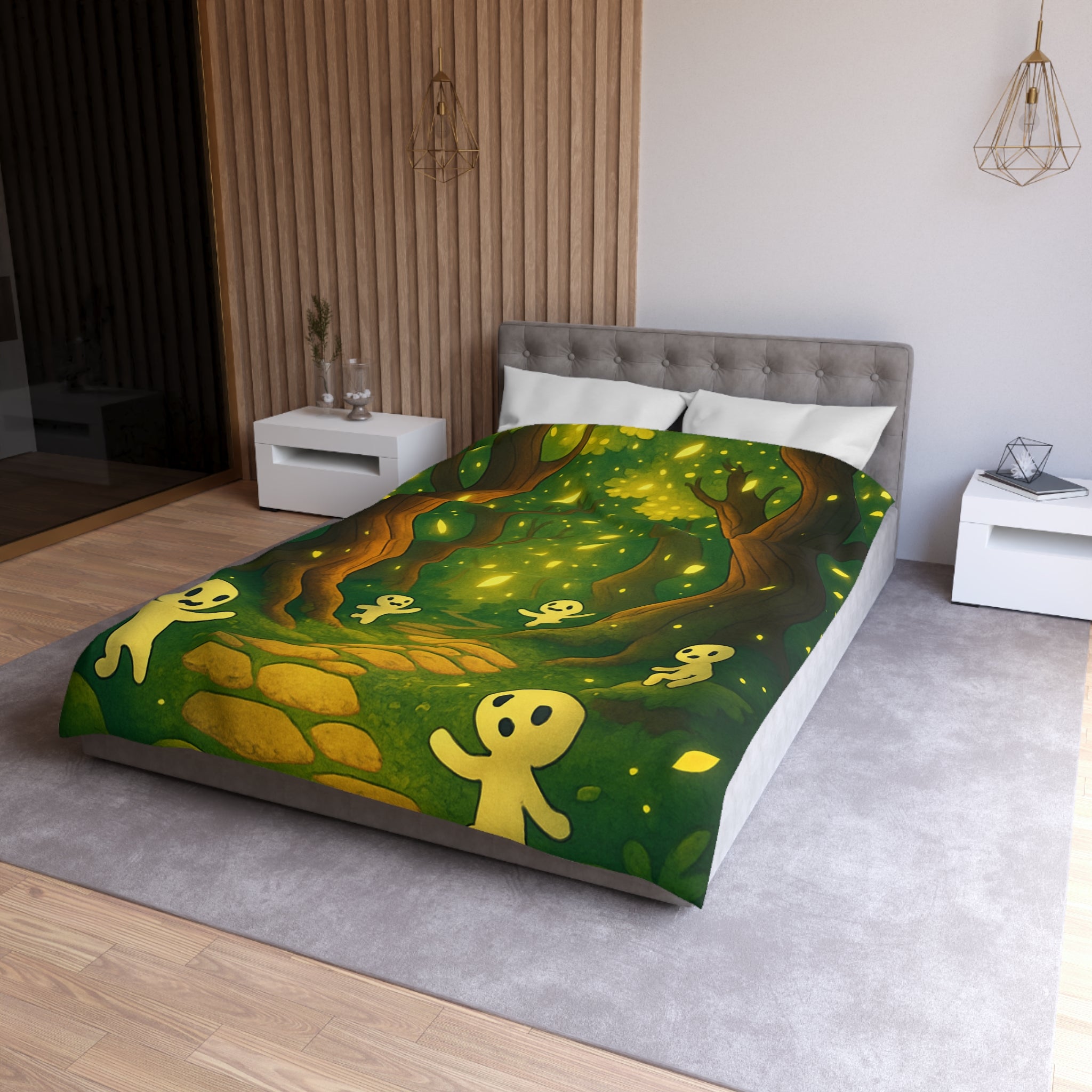 Housse de couette motif forêt magique avec créatures lumineuses ambiance apaisante