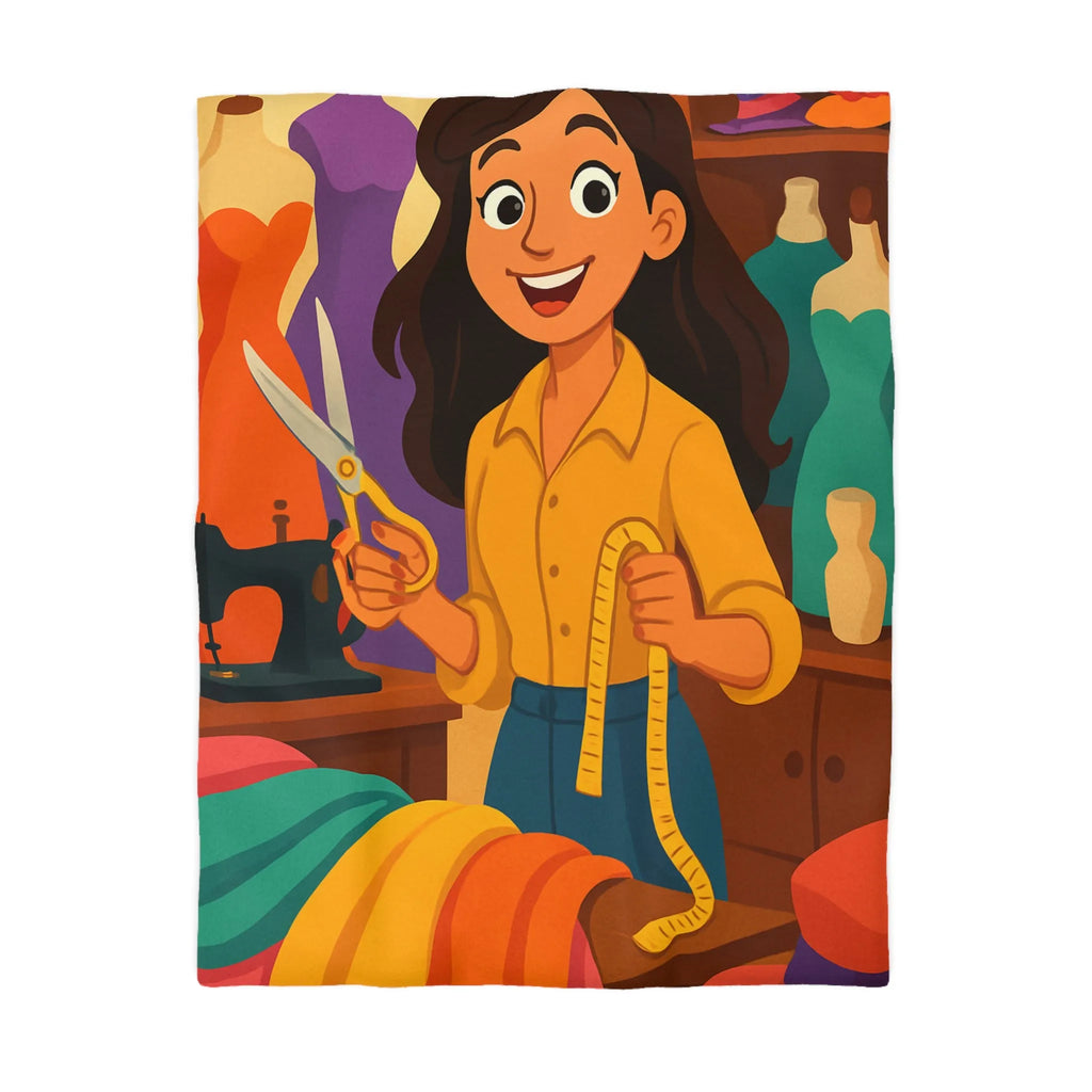 Housse de couette colorée avec motifs de couturière, outils et mannequins élégants