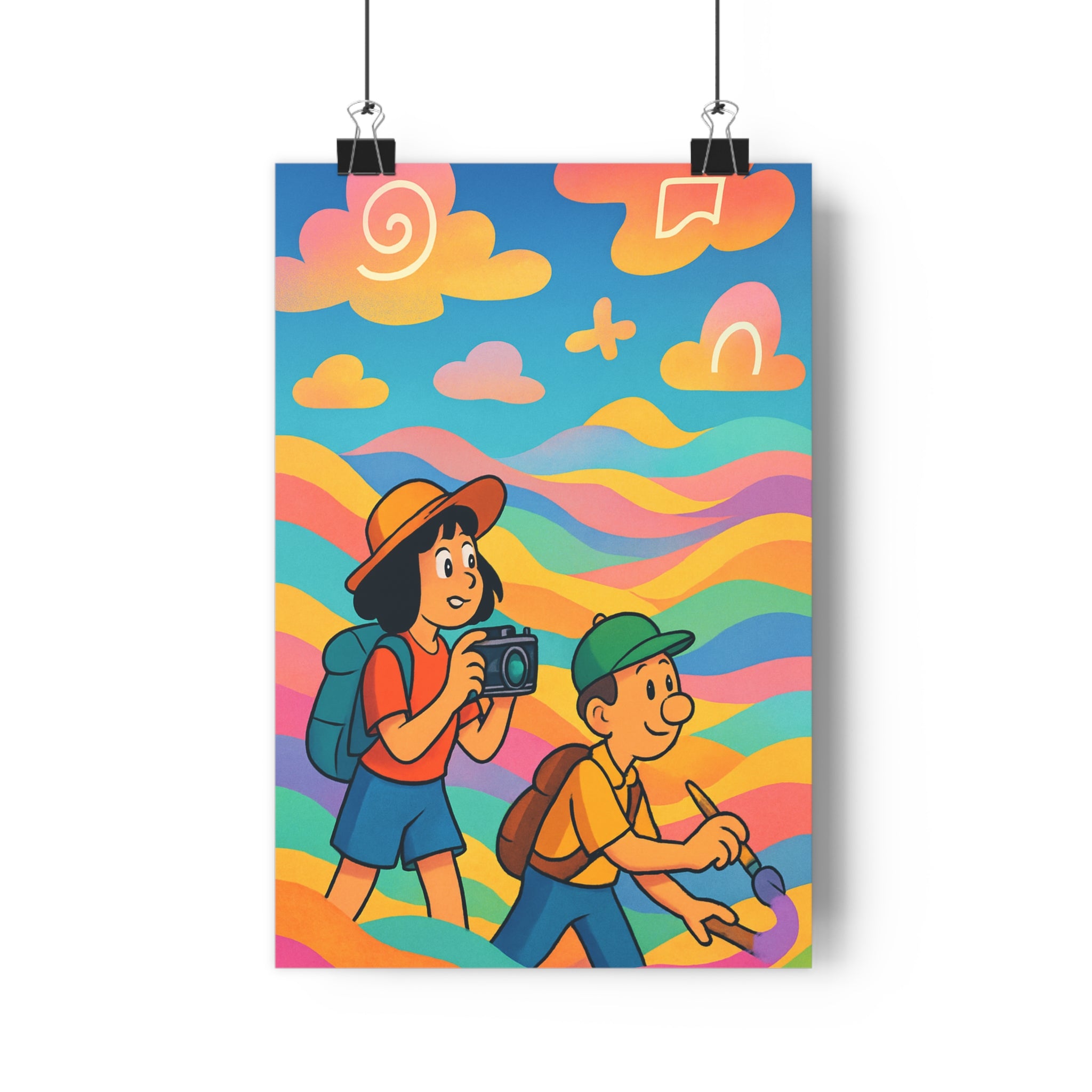 Poster décoratif animé surréaliste joyeux coloré garçon fille pinceau photo vagues nuages chambre qualité