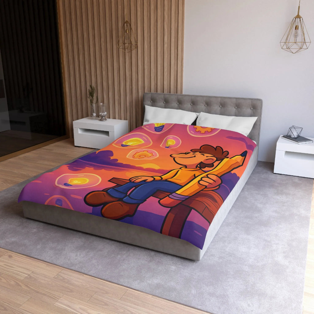 Housse de Couette Créative Avec Personnage Dessinant au Couchant et Ampoules Inspirantes