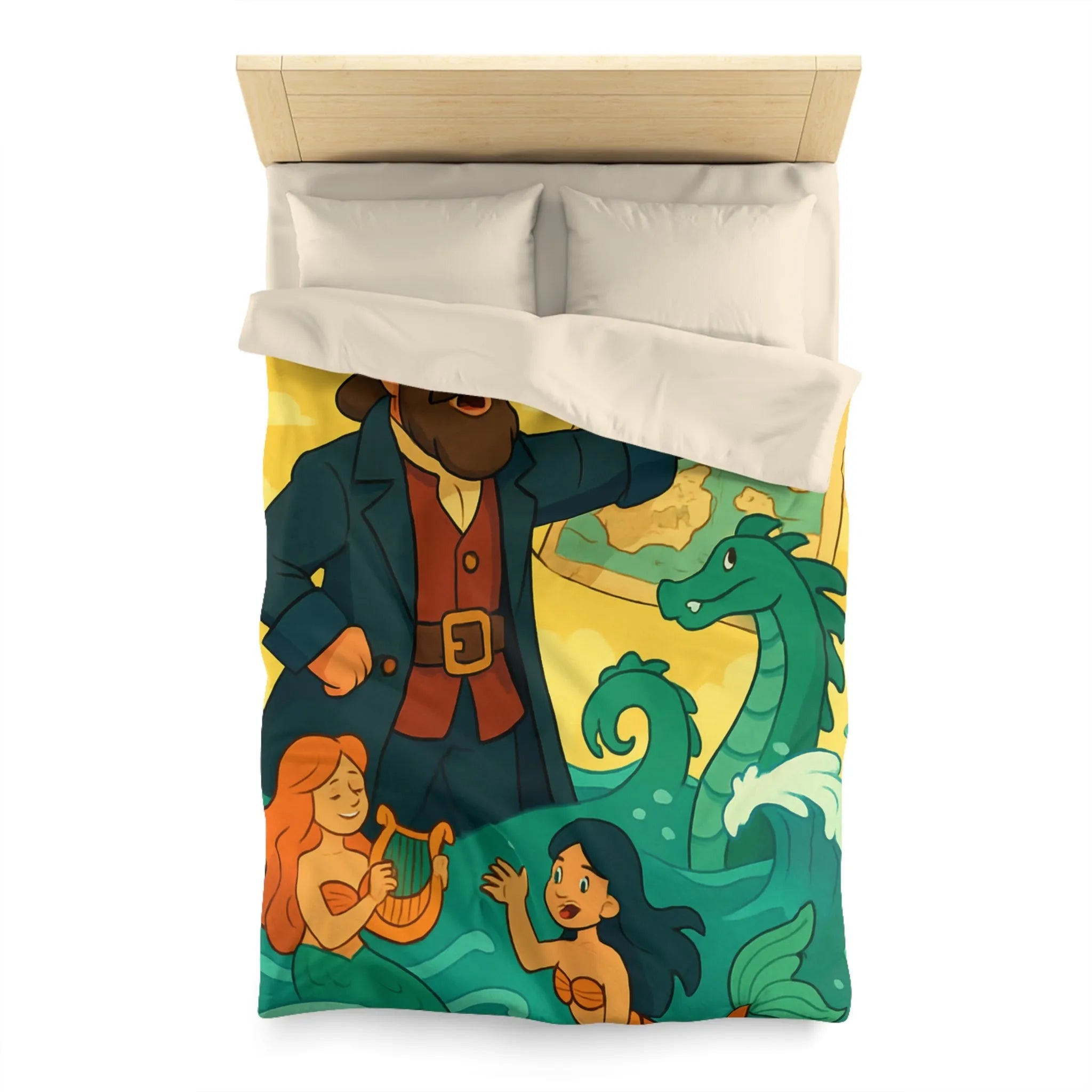 Housse de couette illustrée pirate avec carte, sirènes et monstre marin ludique